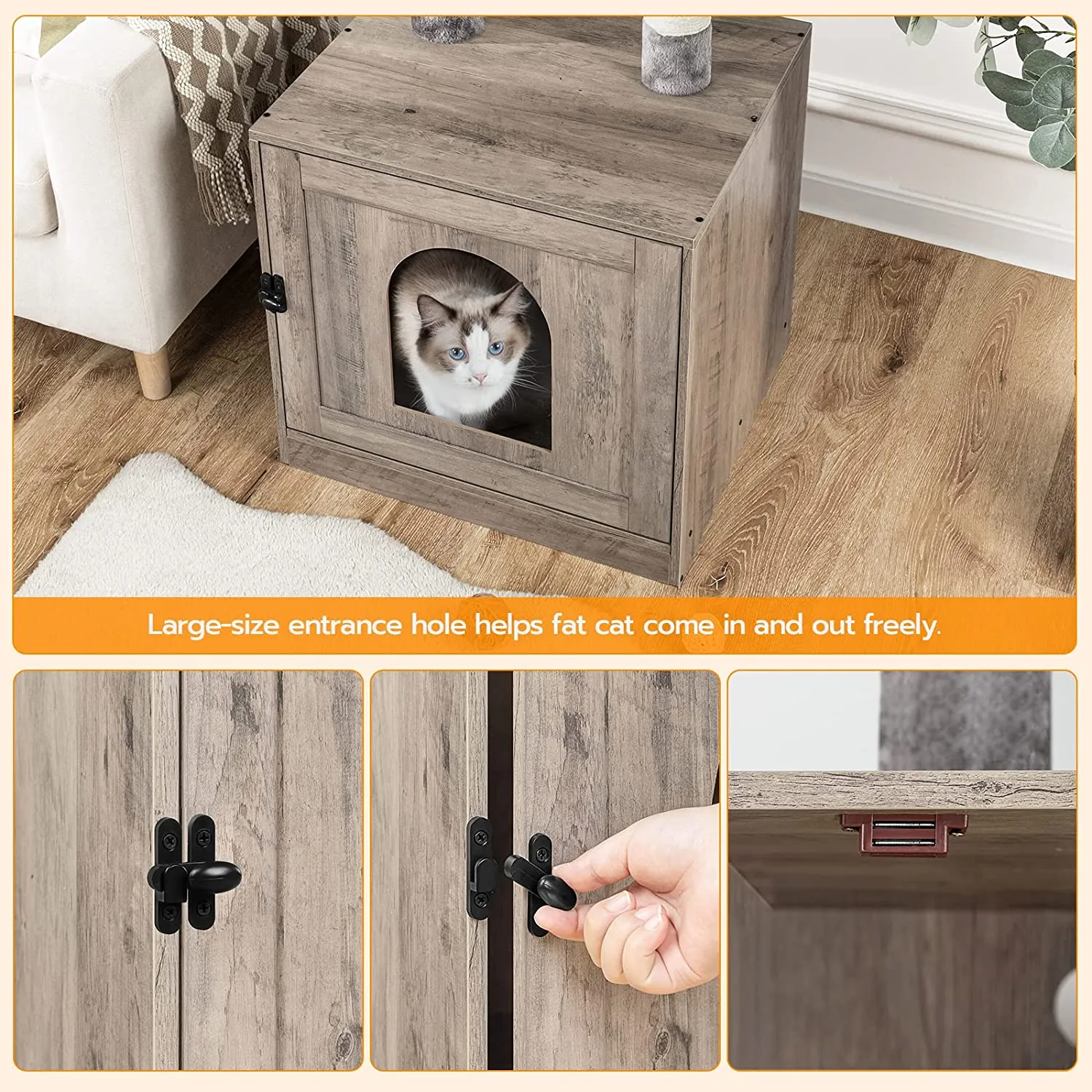 Litter Box Enclosure with Cat Tree Tower, Hidden Cat Washroom with Scratching Post and Soft Plush Perch