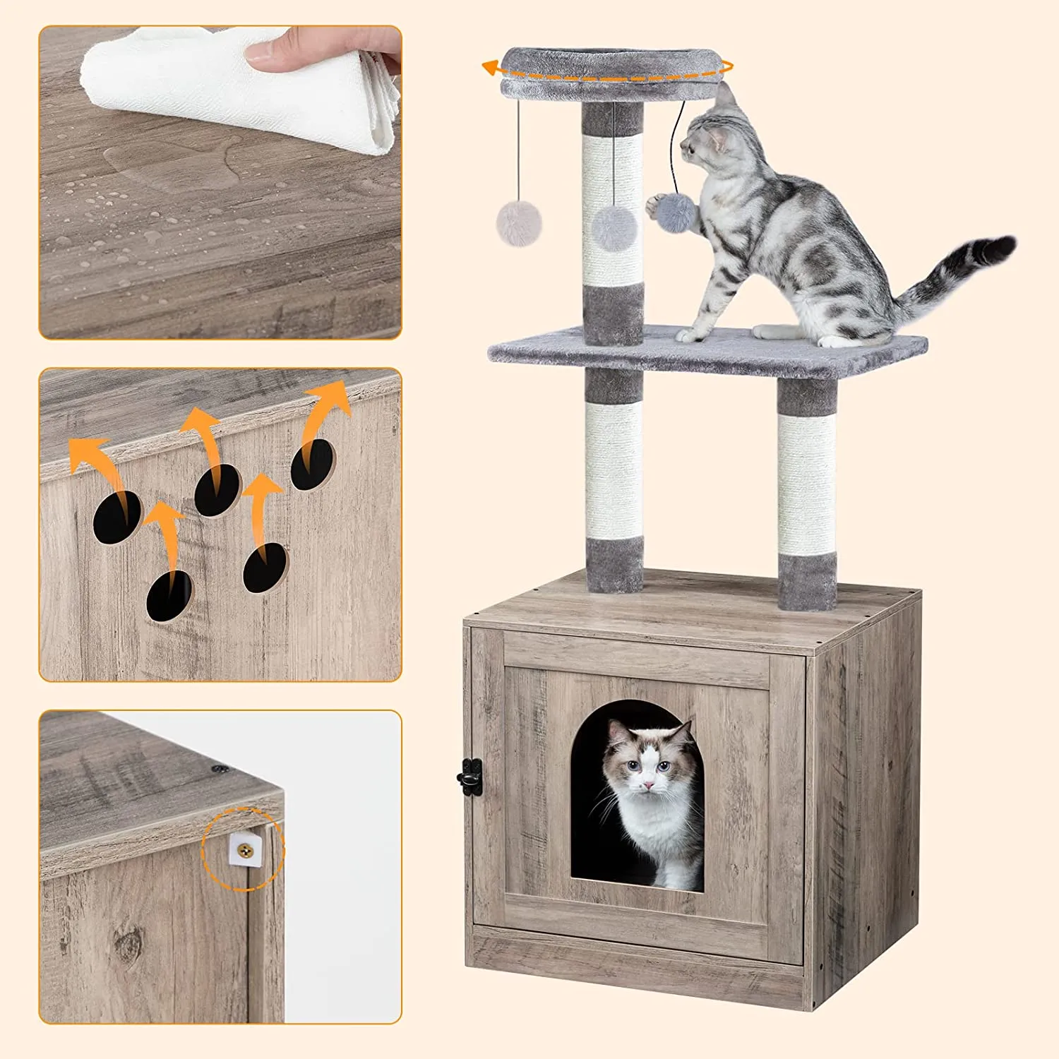 Litter Box Enclosure with Cat Tree Tower, Hidden Cat Washroom with Scratching Post and Soft Plush Perch