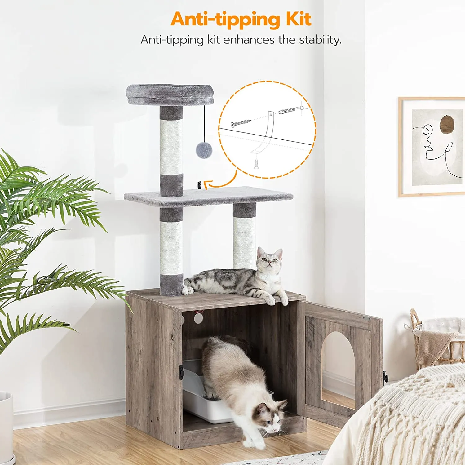 Litter Box Enclosure with Cat Tree Tower, Hidden Cat Washroom with Scratching Post and Soft Plush Perch