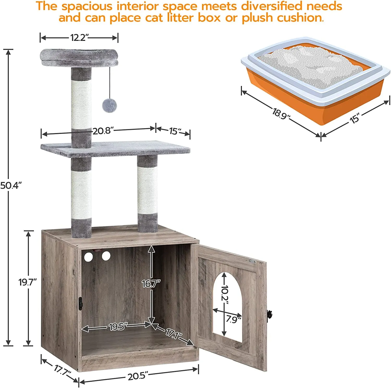 Litter Box Enclosure with Cat Tree Tower, Hidden Cat Washroom with Scratching Post and Soft Plush Perch