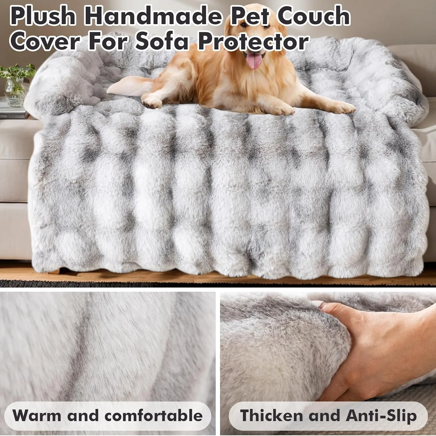 LiveGo Fuzzy Calming Dog Sofa Bed Mat, Washable Plush Couch Cover for Pets, Furniture Protector with Anti-Slip Bottom (Light Gray, 35.4"*35.4")