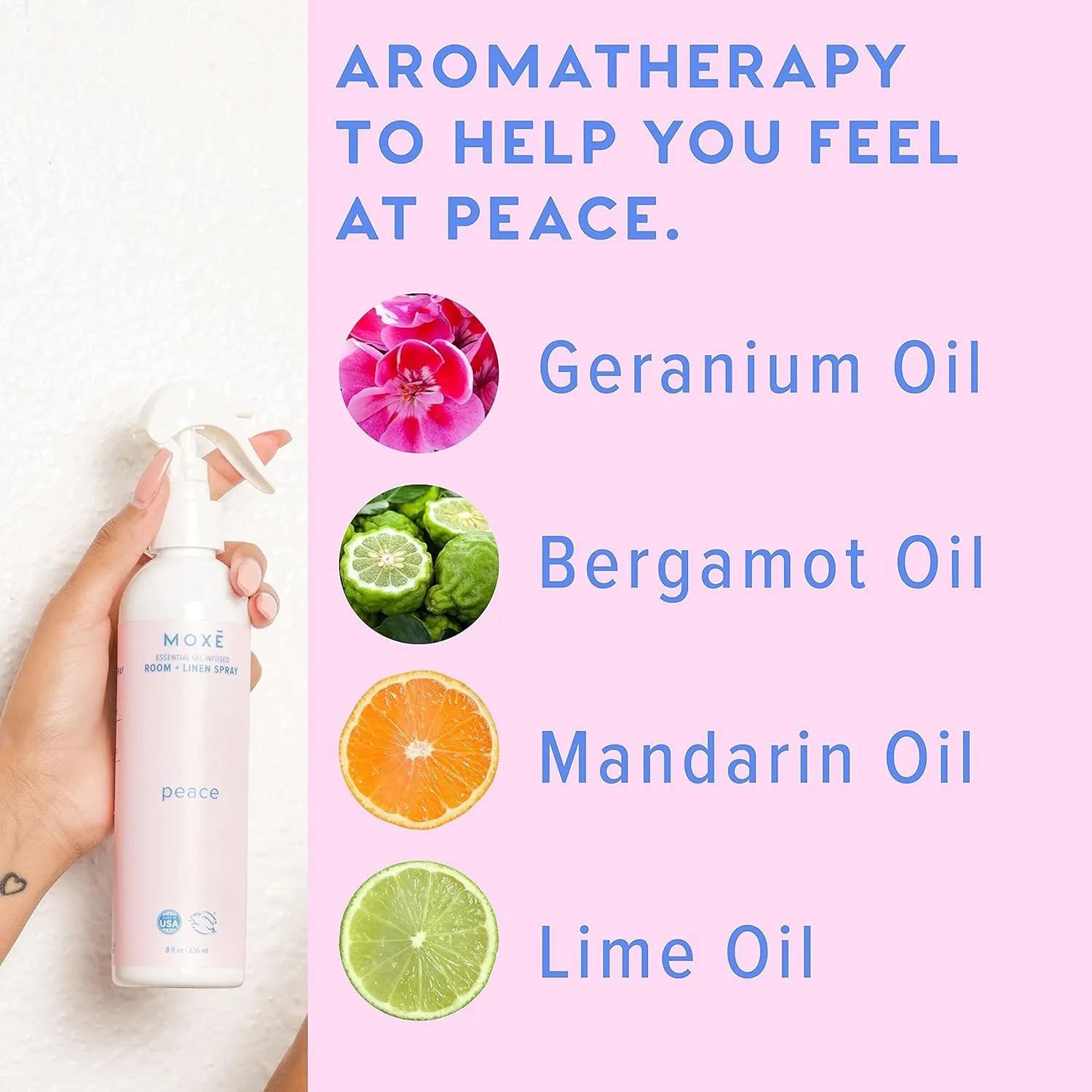 MOX Peace Linen & Room Spray, Zen-Ful Essential Oils, Natural Aromatherapy Mist, Home & Bedroom, Office, Furniture, Bedding, Pillows, Sheets, Bergamot, Lime, Mandarin, Geranium, 8 Ounces (1 Pack)