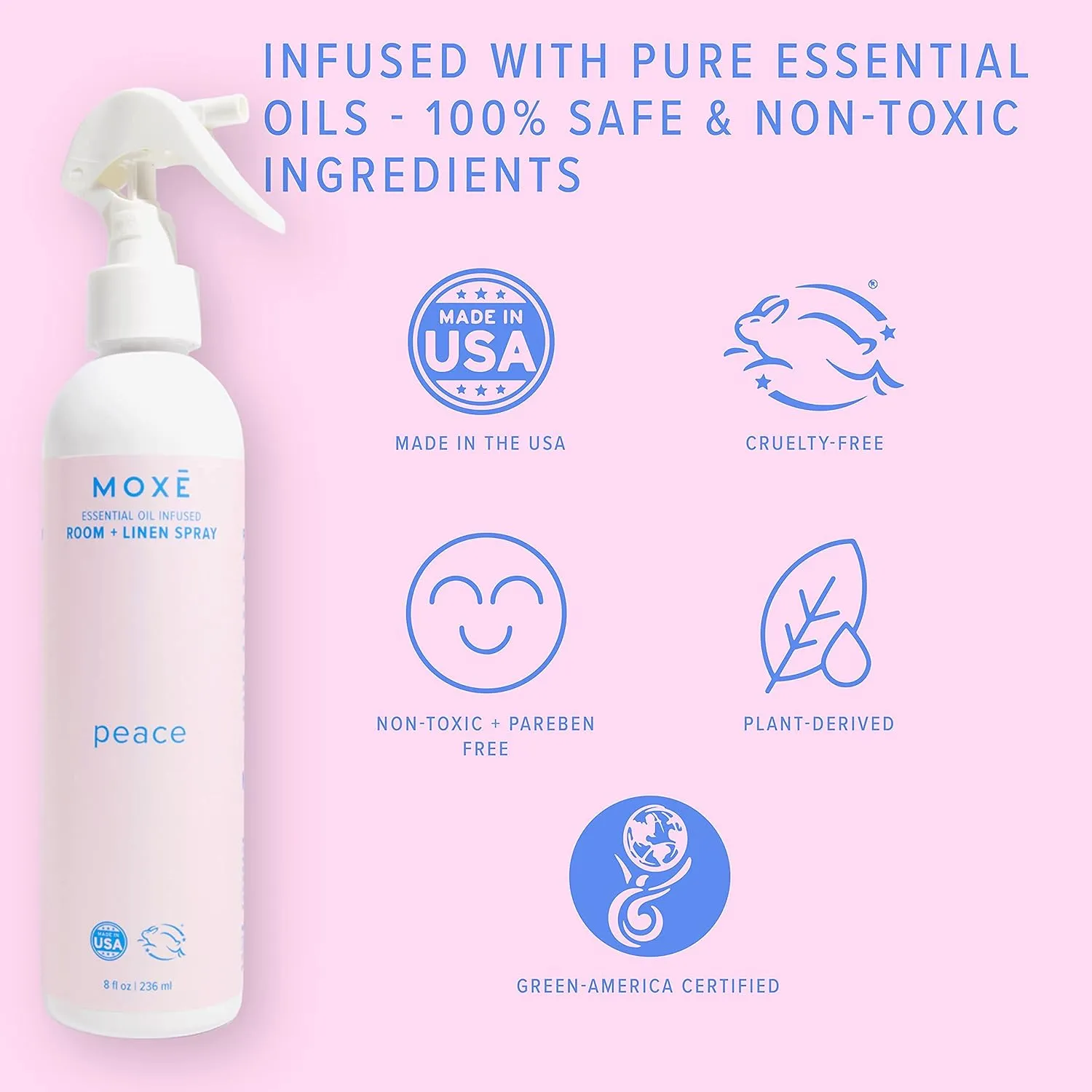 MOX Peace Linen & Room Spray, Zen-Ful Essential Oils, Natural Aromatherapy Mist, Home & Bedroom, Office, Furniture, Bedding, Pillows, Sheets, Bergamot, Lime, Mandarin, Geranium, 8 Ounces (1 Pack)