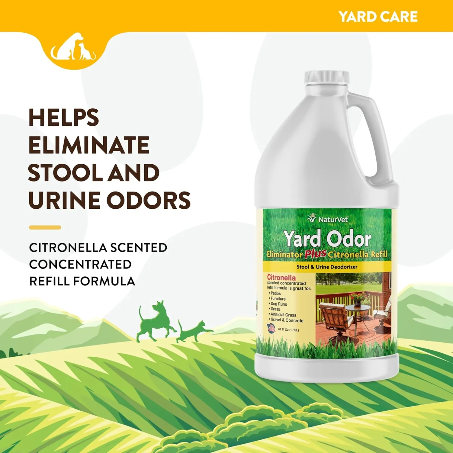 NaturVet  Yard Odor Eliminator Plus Citronella Spray  Eliminate Stool and Urine Odors from Lawn and Yard  Designed for Use on Grass, Patios, Gravel, Concrete & More  64oz Refill (No Hose Nozzle)