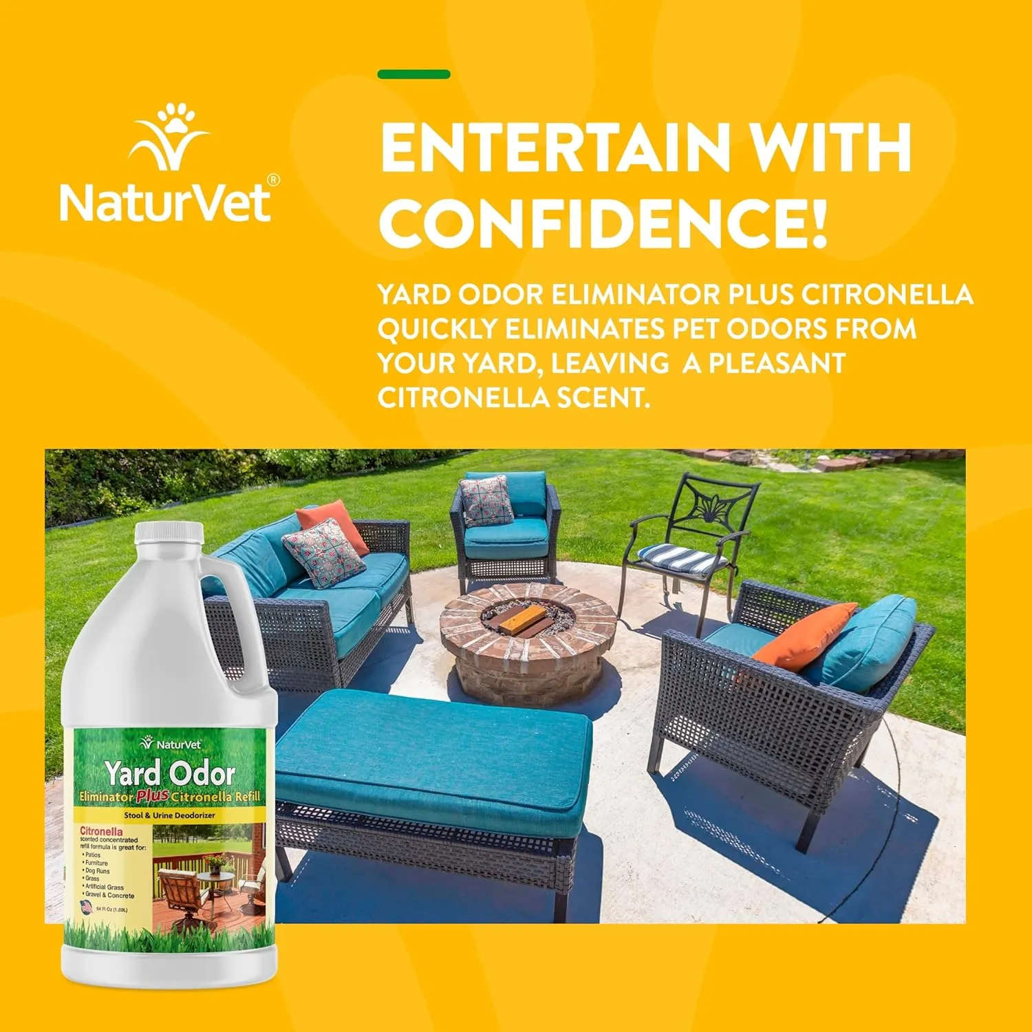 NaturVet  Yard Odor Eliminator Plus Citronella Spray  Eliminate Stool and Urine Odors from Lawn and Yard  Designed for Use on Grass, Patios, Gravel, Concrete & More  64oz Refill (No Hose Nozzle)