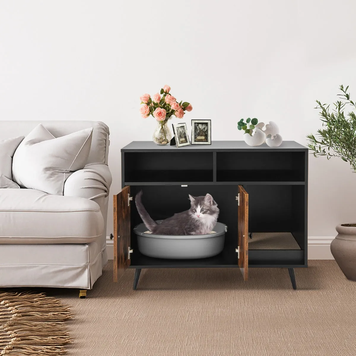NNECW Cat Litter Box Enclosure with Scratching Pad