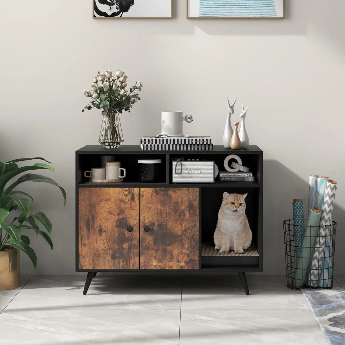 NNECW Cat Litter Box Enclosure with Scratching Pad