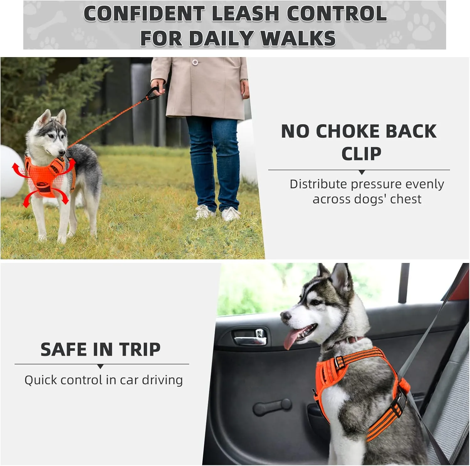 No Pull Dog Harness with A Free Heavy Duty 5ft Dog Leash, Adjustable Soft Padded Dog Vest, Reflective No-Choke Pet Oxford Vest with Easy Control Handle for Small and Large Dogs(Orange, Large)