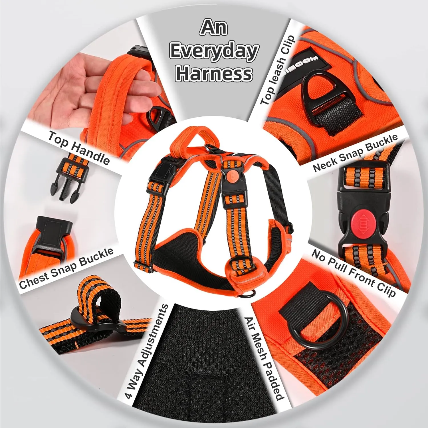 No Pull Dog Harness with A Free Heavy Duty 5ft Dog Leash, Adjustable Soft Padded Dog Vest, Reflective No-Choke Pet Oxford Vest with Easy Control Handle for Small and Large Dogs(Orange, Large)