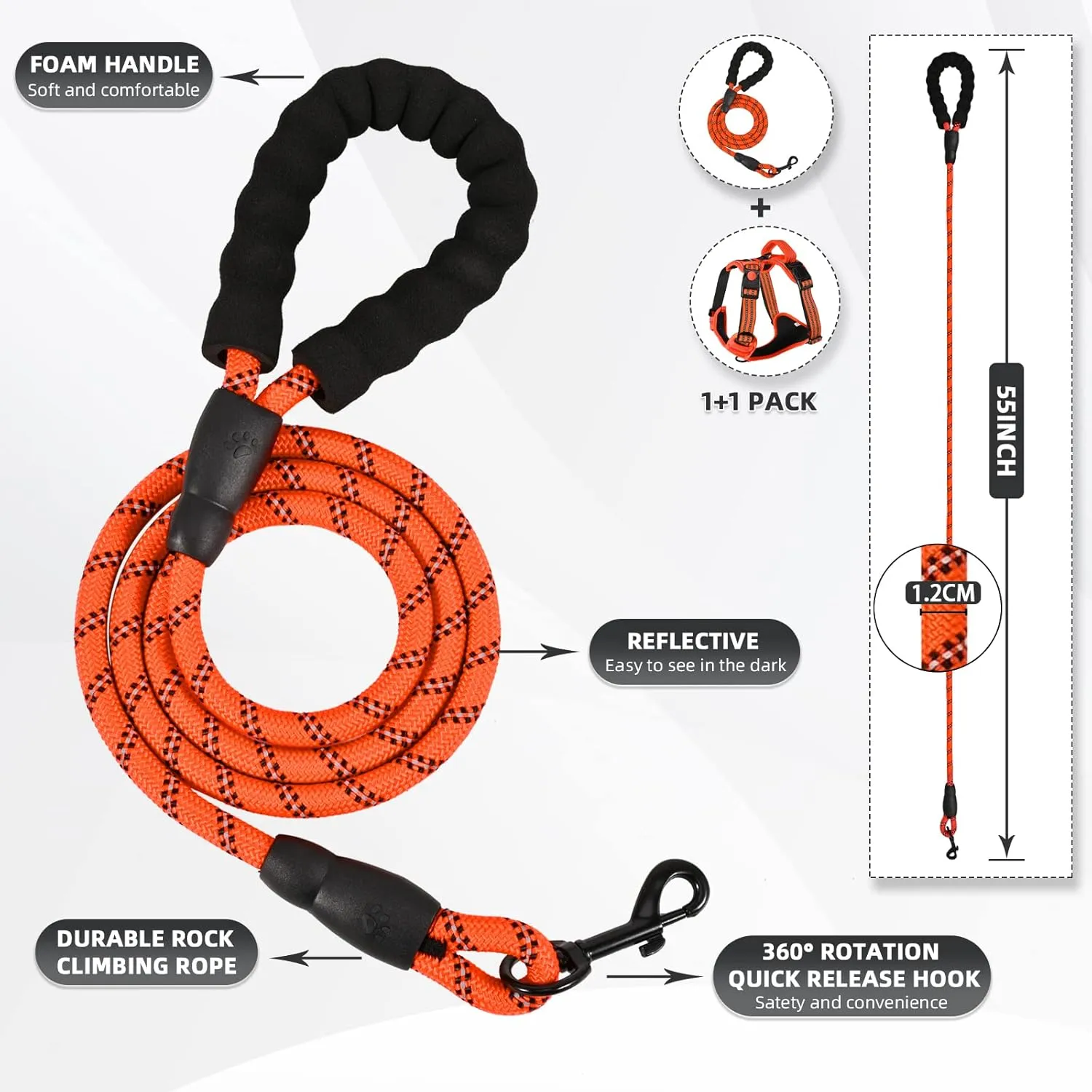 No Pull Dog Harness with A Free Heavy Duty 5ft Dog Leash, Adjustable Soft Padded Dog Vest, Reflective No-Choke Pet Oxford Vest with Easy Control Handle for Small and Large Dogs(Orange, Large)