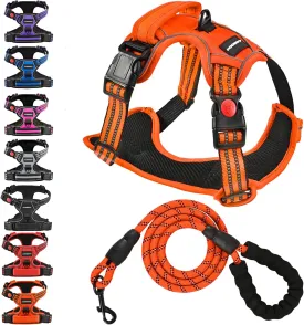No Pull Dog Harness with A Free Heavy Duty 5ft Dog Leash, Adjustable Soft Padded Dog Vest, Reflective No-Choke Pet Oxford Vest with Easy Control Handle for Small and Large Dogs(Orange, Large)