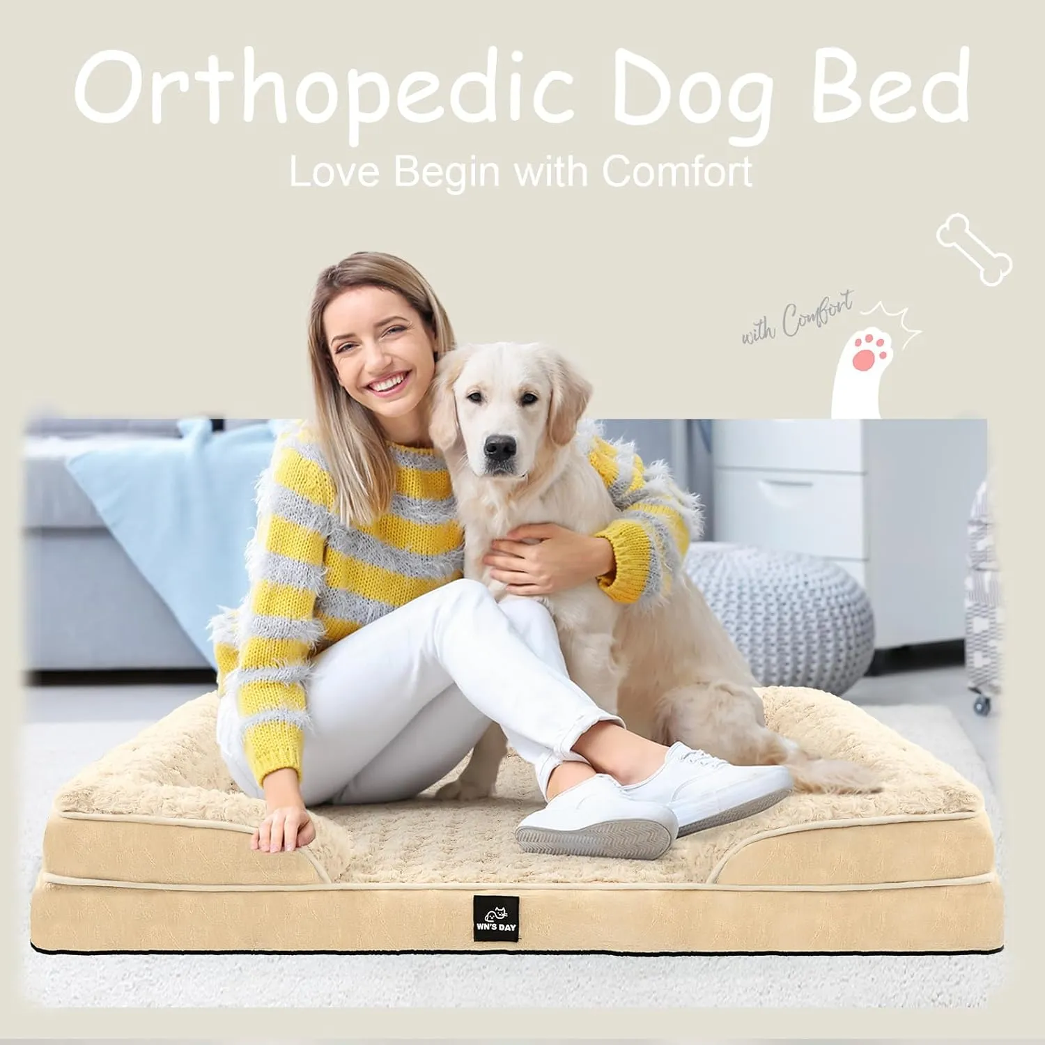 Orthopedic Dog Bed for Large Medium Sized, Washable Memory Foam Large Dog Bed, Durable Medium Pet Sofa with Removable Cover, Washable Waterproof Pet Couch Beds(Beige, XXL)