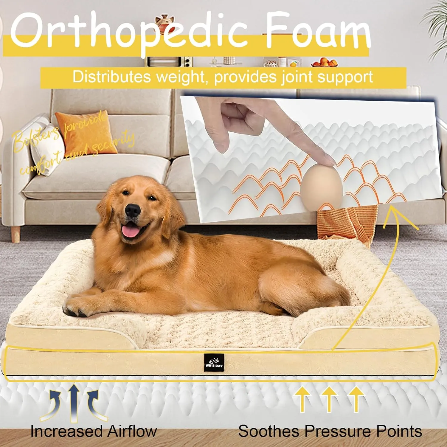 Orthopedic Dog Bed for Large Medium Sized, Washable Memory Foam Large Dog Bed, Durable Medium Pet Sofa with Removable Cover, Washable Waterproof Pet Couch Beds(Beige, XXL)