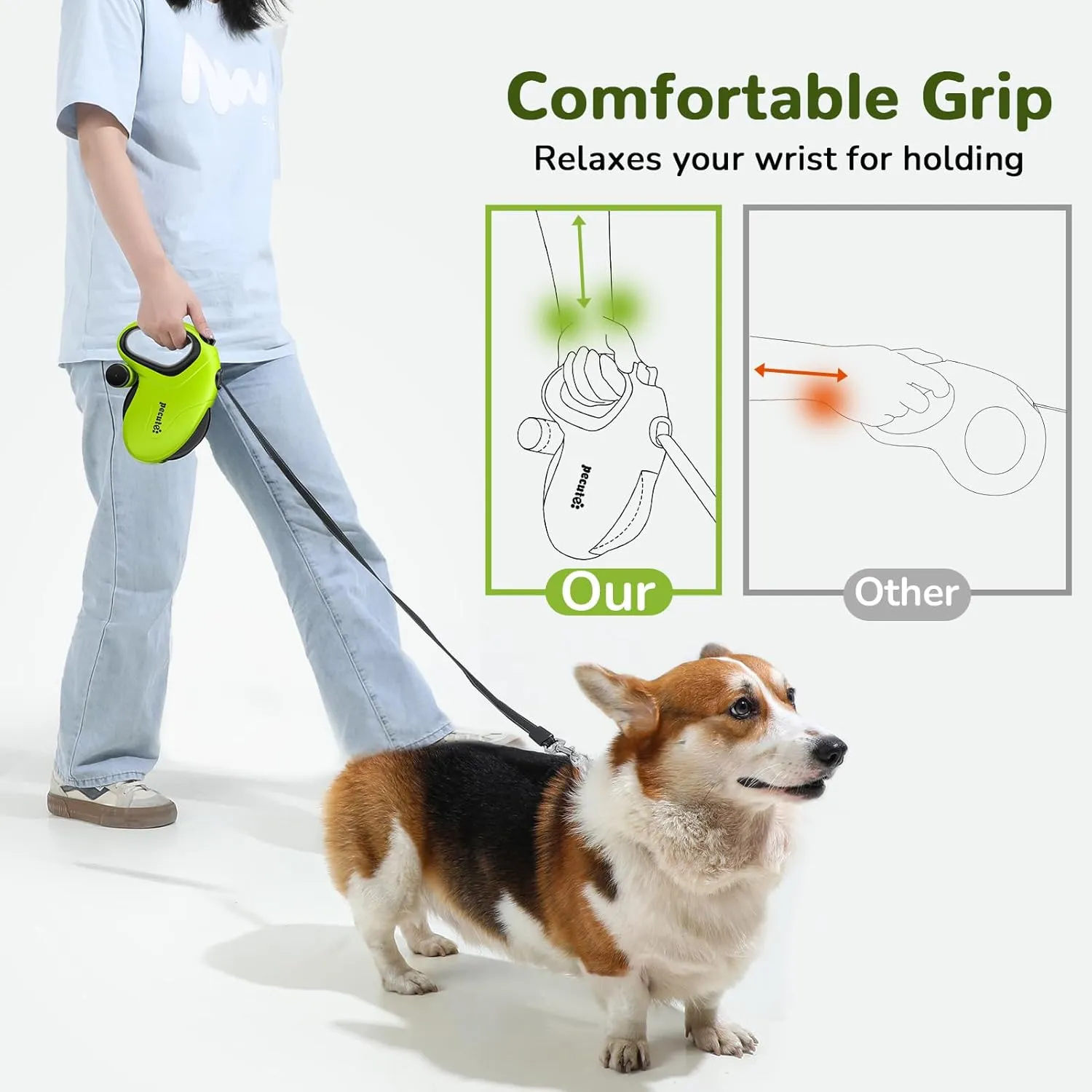 Pecute 32ft Retractable Dog Leash with Reflective Strips, 360 Tangle-Free, One-Button Control & Sturdiness Nylon Material, Long Leash Retractable with Poop Bag Holder for Medium Large Dog
