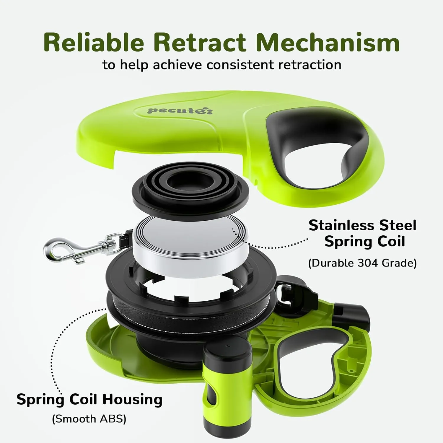 Pecute 32ft Retractable Dog Leash with Reflective Strips, 360 Tangle-Free, One-Button Control & Sturdiness Nylon Material, Long Leash Retractable with Poop Bag Holder for Medium Large Dog
