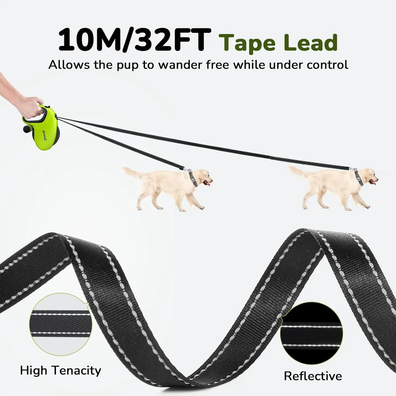 Pecute 32ft Retractable Dog Leash with Reflective Strips, 360 Tangle-Free, One-Button Control & Sturdiness Nylon Material, Long Leash Retractable with Poop Bag Holder for Medium Large Dog