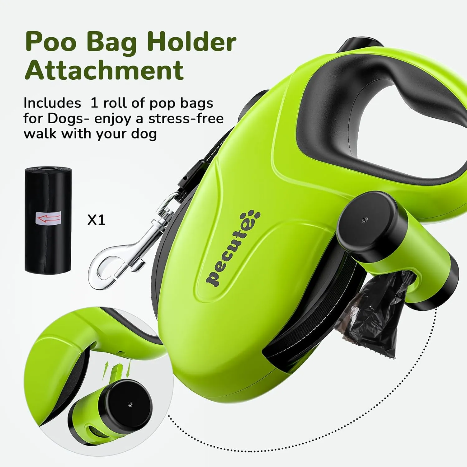 Pecute 32ft Retractable Dog Leash with Reflective Strips, 360 Tangle-Free, One-Button Control & Sturdiness Nylon Material, Long Leash Retractable with Poop Bag Holder for Medium Large Dog