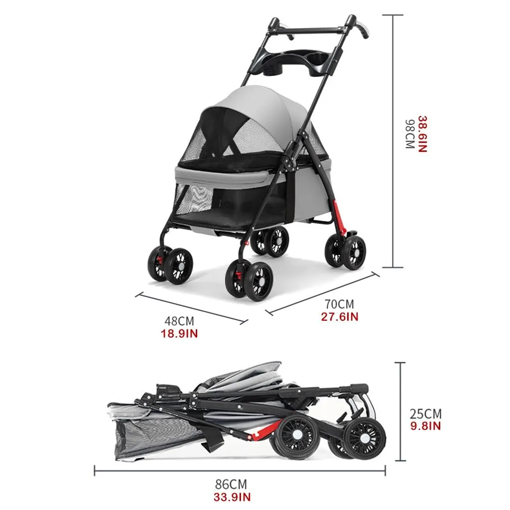 Pet Cat Dog Stroller Carriage with Cup Holder Tray, Travel Carrier Pet Dog Strollers for Small Dogs, Pet Stroller Pushchair Dog Cat Pram Foldable Cart, Adjustable Handle (Color : Grey A)