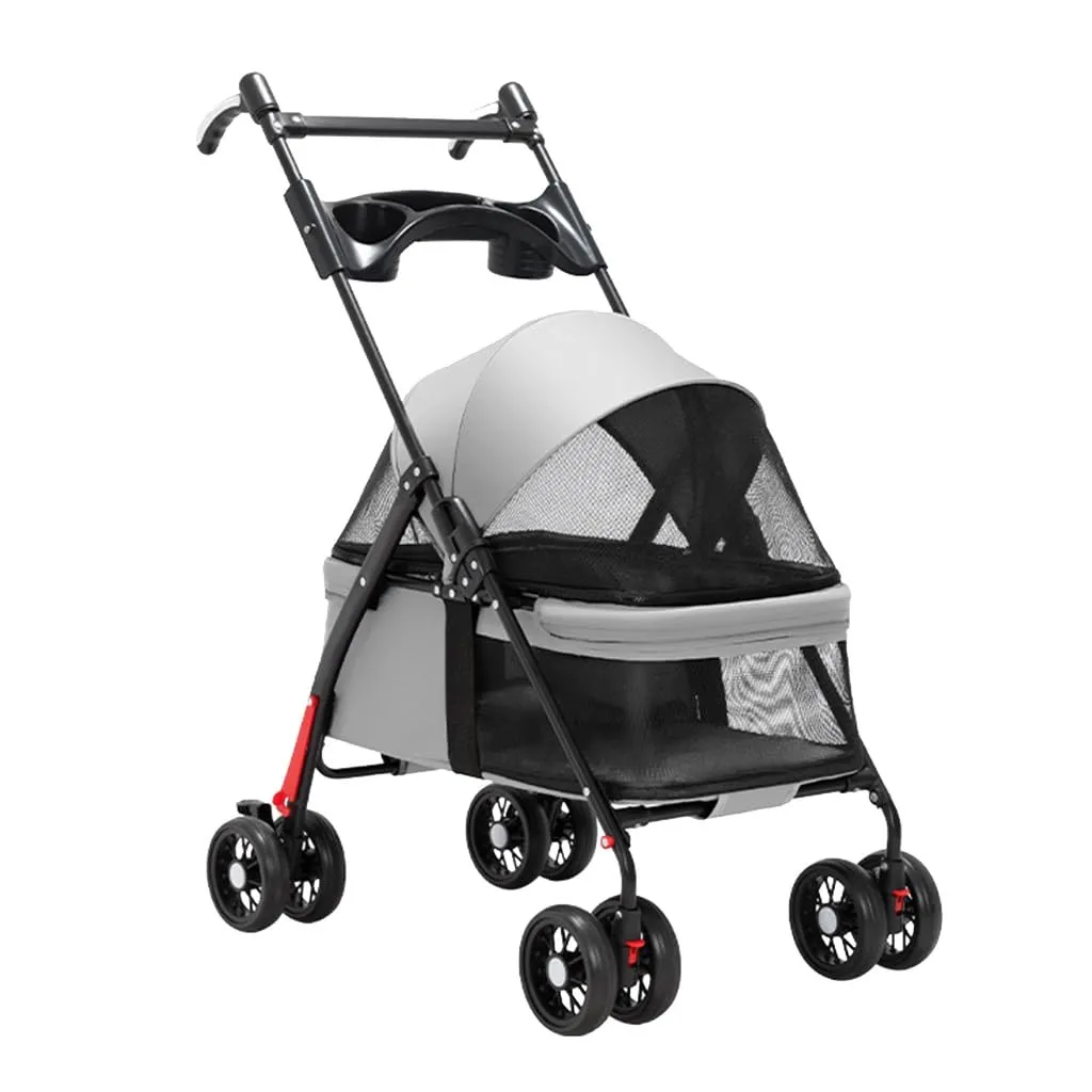 Pet Cat Dog Stroller Carriage with Cup Holder Tray, Travel Carrier Pet Dog Strollers for Small Dogs, Pet Stroller Pushchair Dog Cat Pram Foldable Cart, Adjustable Handle (Color : Grey A)