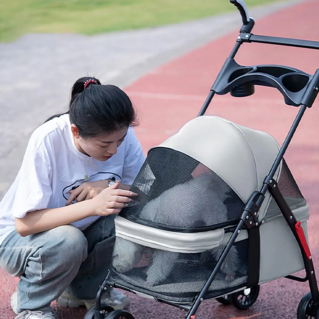 Pet Cat Dog Stroller Carriage with Cup Holder Tray, Travel Carrier Pet Dog Strollers for Small Dogs, Pet Stroller Pushchair Dog Cat Pram Foldable Cart, Adjustable Handle (Color : Grey A)
