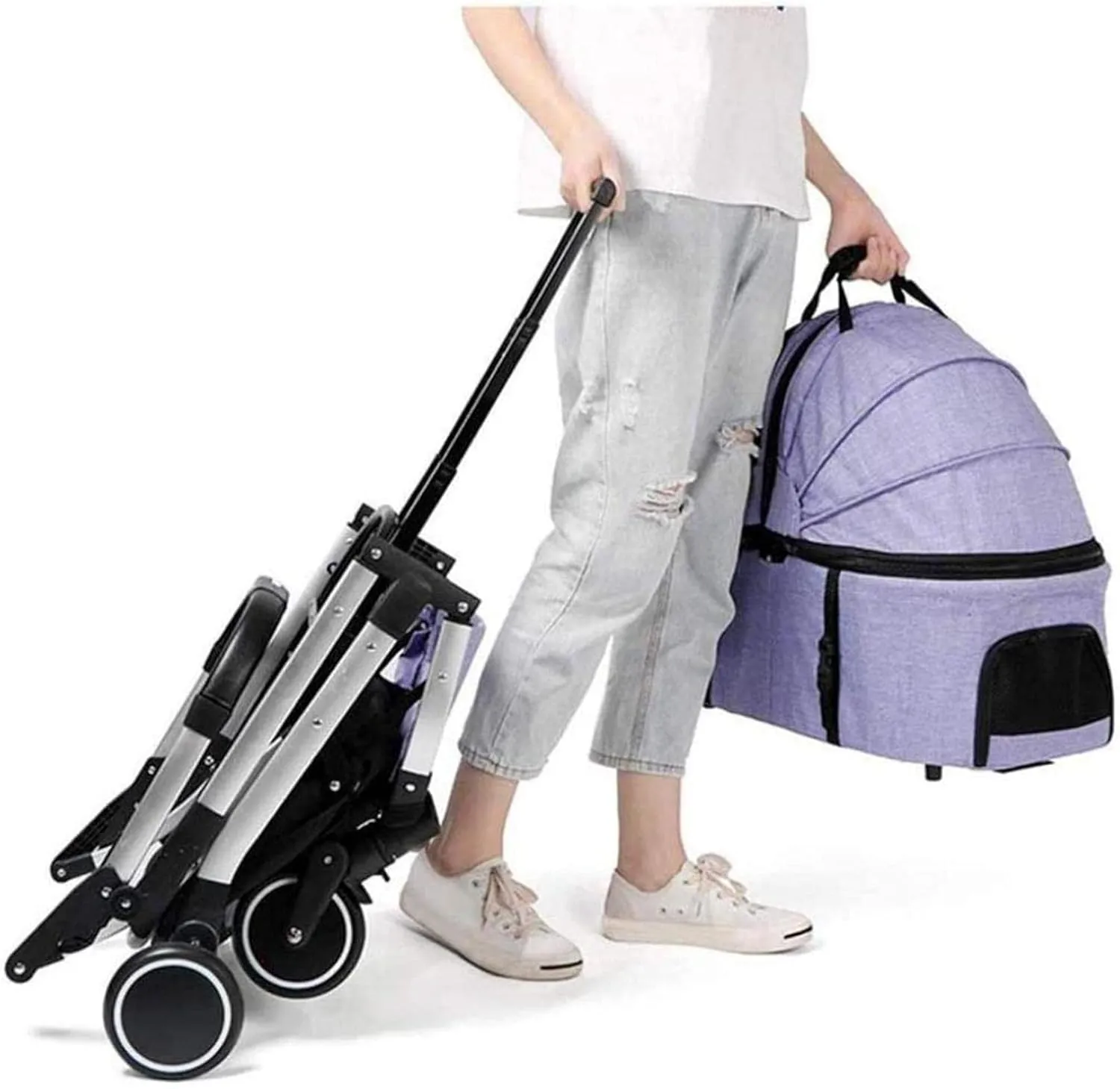 Pet Dog Cat Stroller Vet Pram Dog Trolley Carrier for Traveling Dog Pushchair with 2 Front Swivel Wheels (Grey)