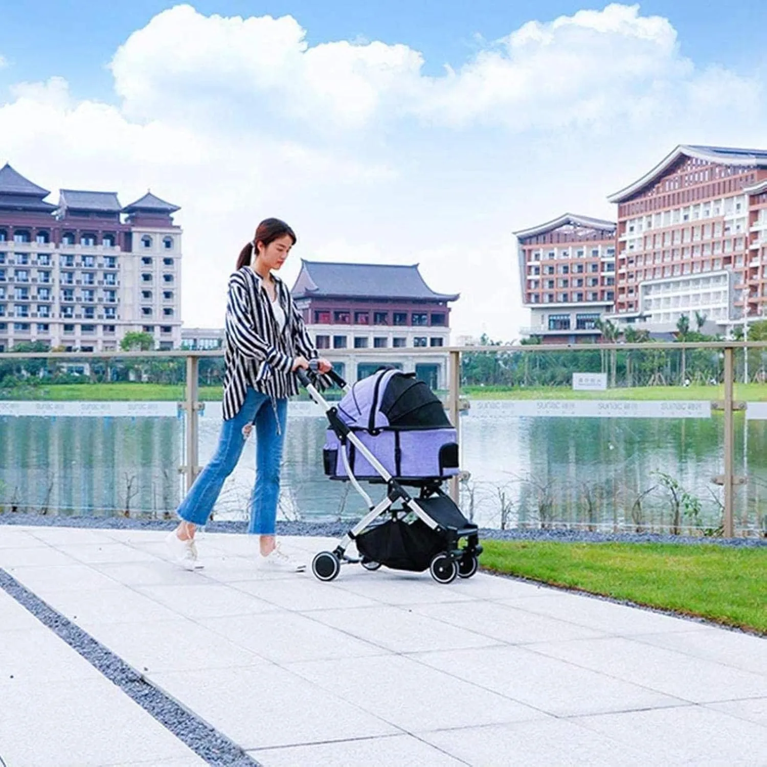 Pet Dog Cat Stroller Vet Pram Dog Trolley Carrier for Traveling Dog Pushchair with 2 Front Swivel Wheels (Grey)