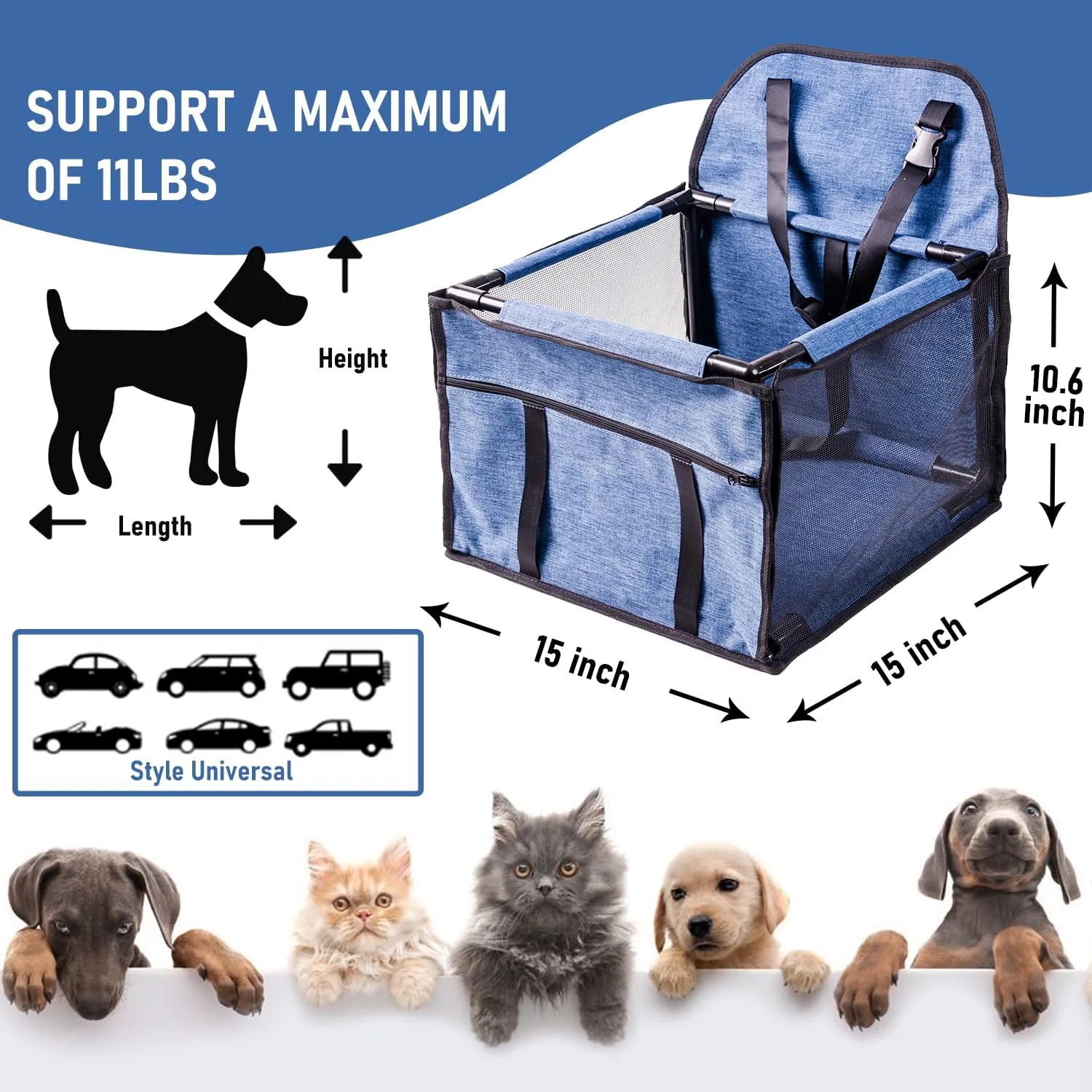 Pet Reinforce Car Booster Seat for Dog Cat Portable and Breathable Bag with Seat Belt Dog Carrier Safety Stable for Travel Look Out,with Clip on Leash with PVC Tube (Blue, 15" L x 15" W x 10.6" H)