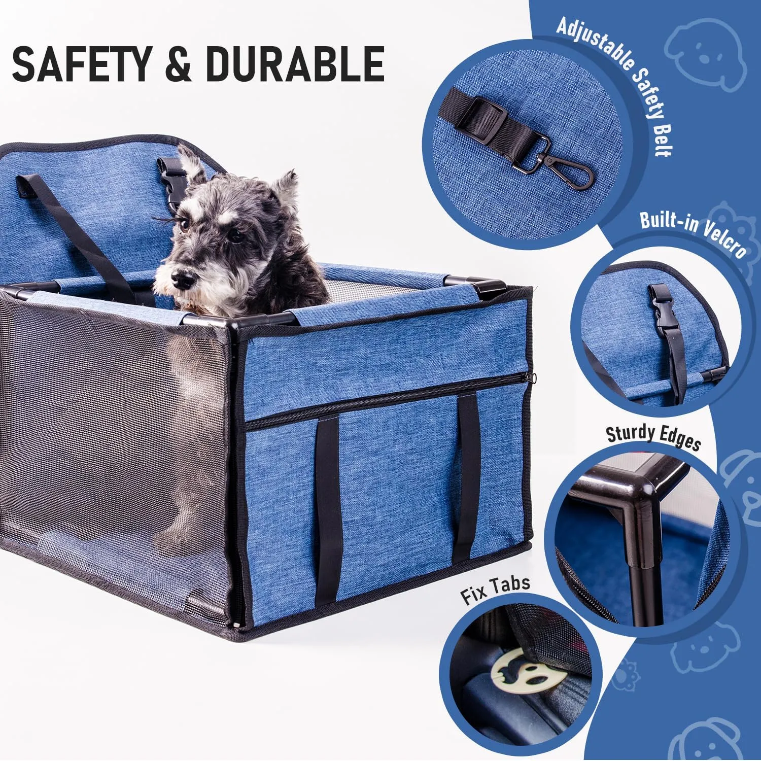 Pet Reinforce Car Booster Seat for Dog Cat Portable and Breathable Bag with Seat Belt Dog Carrier Safety Stable for Travel Look Out,with Clip on Leash with PVC Tube (Blue, 15" L x 15" W x 10.6" H)