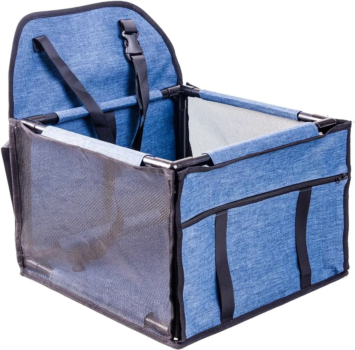 Pet Reinforce Car Booster Seat for Dog Cat Portable and Breathable Bag with Seat Belt Dog Carrier Safety Stable for Travel Look Out,with Clip on Leash with PVC Tube (Blue, 15" L x 15" W x 10.6" H)