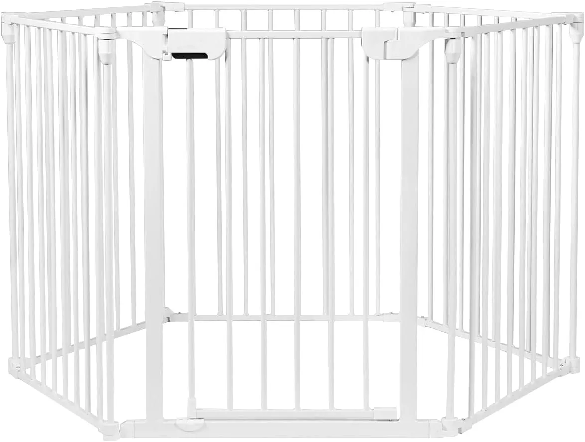 PETSITE 142 Inch Extra Wide Pet Gate & Playpen, Foldable Dog Fence with Walk-Through Door, Home, Stairs, Fireplace Barrier (White)