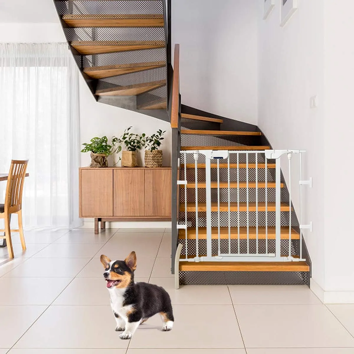 PETSITE 142 Inch Extra Wide Pet Gate & Playpen, Foldable Dog Fence with Walk-Through Door, Home, Stairs, Fireplace Barrier (White)