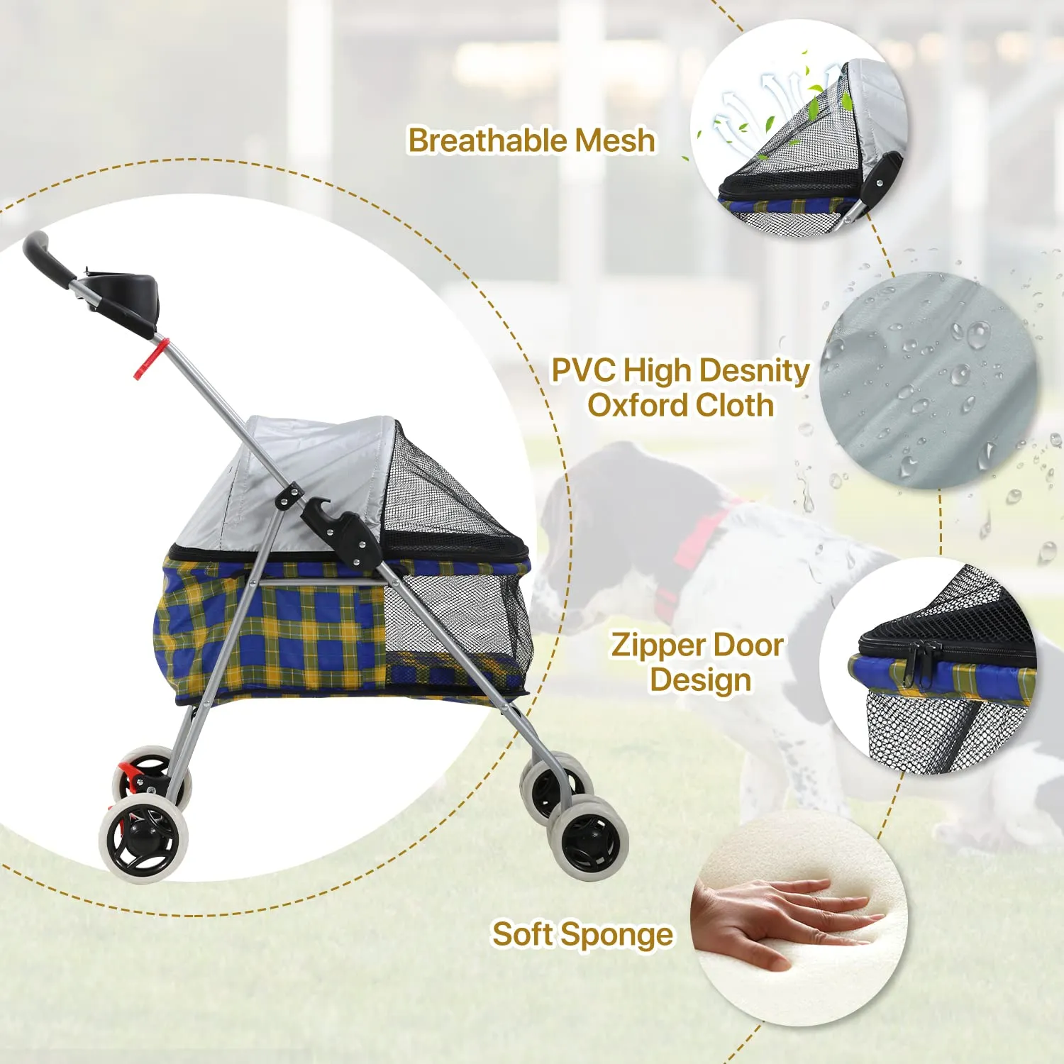 Puppy & Kitten Folding Travel Carrier - 4 Wheel Dog & Cat Stroller with Cup Holder - 35 Pound Capacity - Yellow Plaid