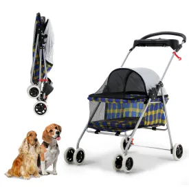 Puppy & Kitten Folding Travel Carrier - 4 Wheel Dog & Cat Stroller with Cup Holder - 35 Pound Capacity - Yellow Plaid