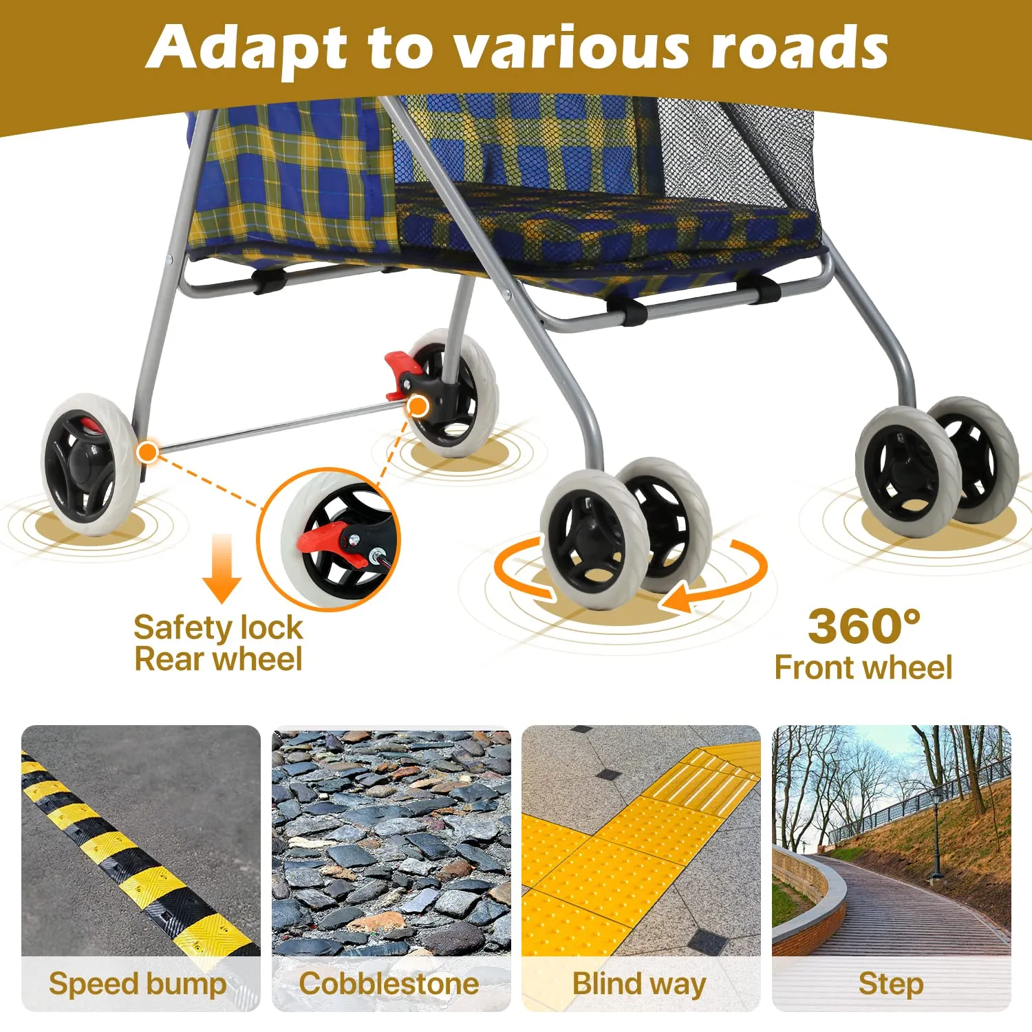 Puppy & Kitten Folding Travel Carrier - 4 Wheel Dog & Cat Stroller with Cup Holder - 35 Pound Capacity - Yellow Plaid