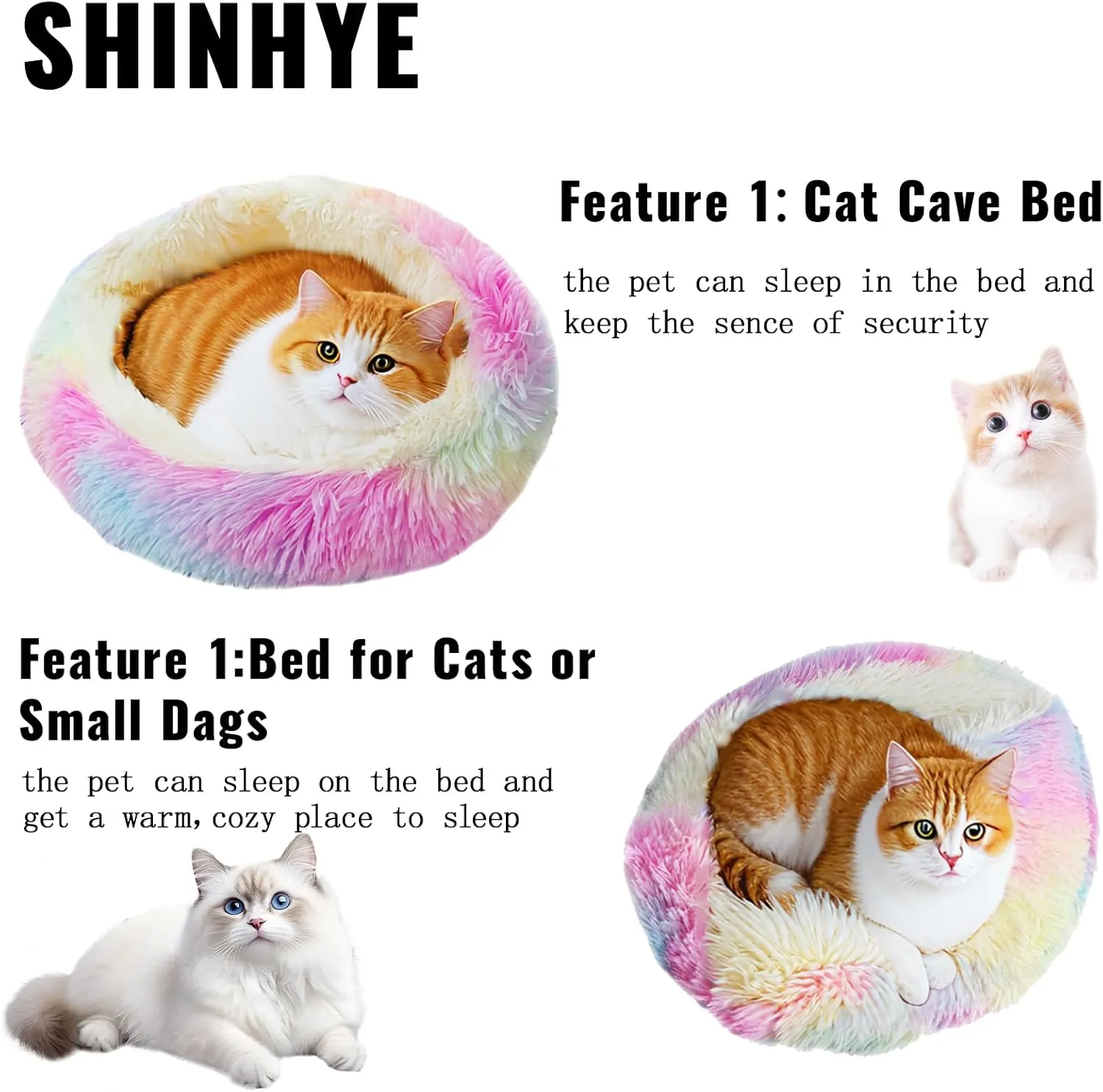 ShinHye Cat Bed Round Plush Fluffy Hooded Cat Bed Cave, Cozy for Indoor Cats or Small Dog beds, Soothing Pet Beds Doughnut Calm Anti-nxiety Dog Bed - Waterproof Bottom Washable (2323inch, Multicolor)