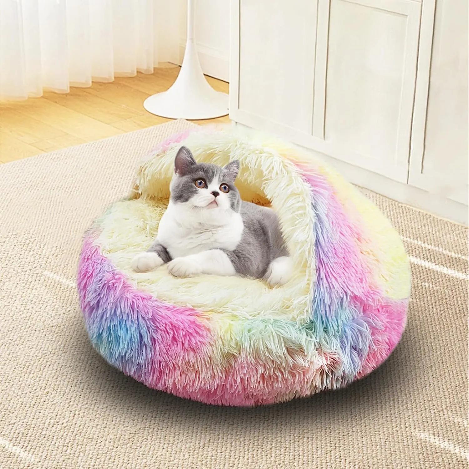 ShinHye Cat Bed Round Plush Fluffy Hooded Cat Bed Cave, Cozy for Indoor Cats or Small Dog beds, Soothing Pet Beds Doughnut Calm Anti-nxiety Dog Bed - Waterproof Bottom Washable (2323inch, Multicolor)