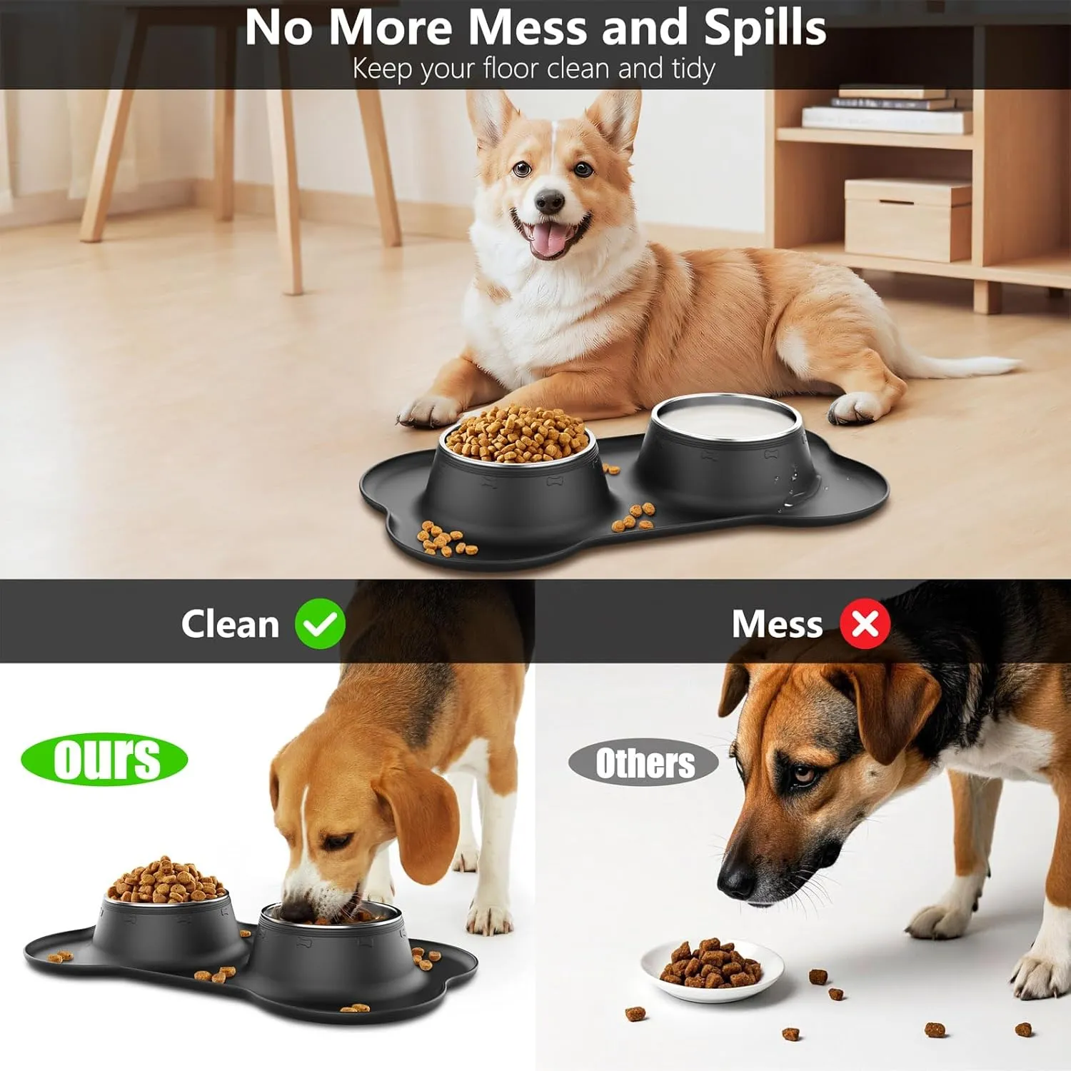 Tekcoo Dog Bowls, Puppy Food Bowls, Stainless Steel Pet Cat Water Feeding Dishes with Non-Spill Skid Resistant Silicone Mat for Small Medium Large Size Dogs [14 oz ea.]
