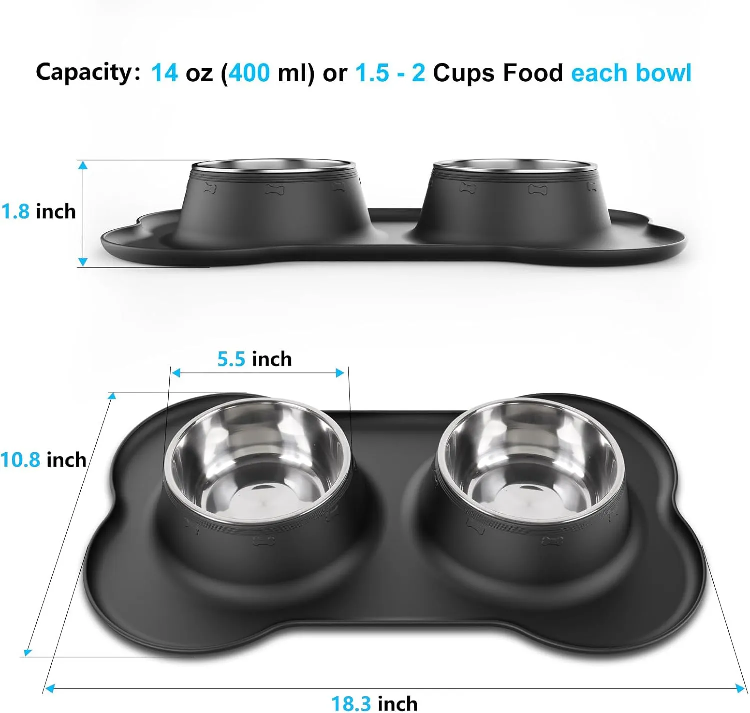 Tekcoo Dog Bowls, Puppy Food Bowls, Stainless Steel Pet Cat Water Feeding Dishes with Non-Spill Skid Resistant Silicone Mat for Small Medium Large Size Dogs [14 oz ea.]