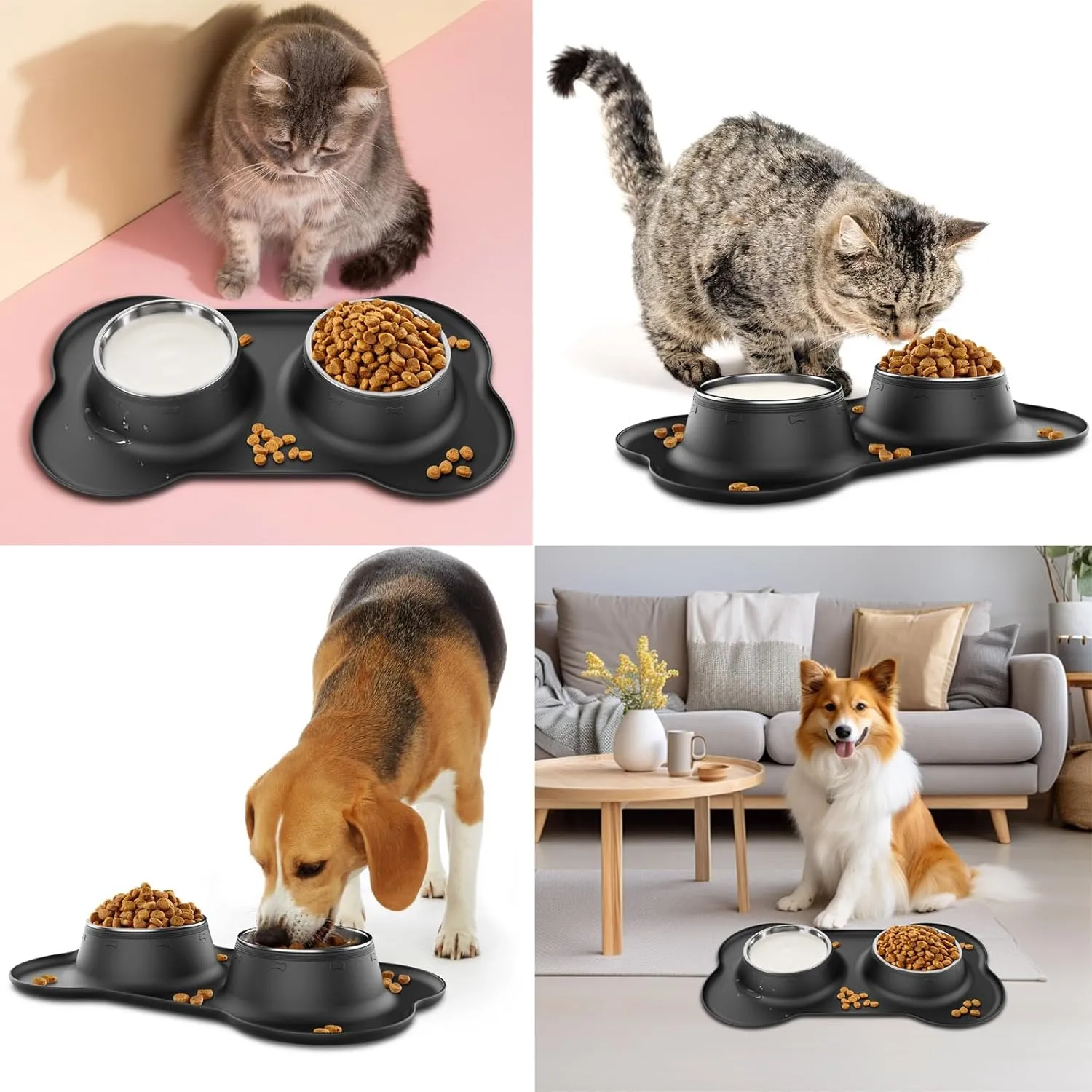 Tekcoo Dog Bowls, Puppy Food Bowls, Stainless Steel Pet Cat Water Feeding Dishes with Non-Spill Skid Resistant Silicone Mat for Small Medium Large Size Dogs [14 oz ea.]