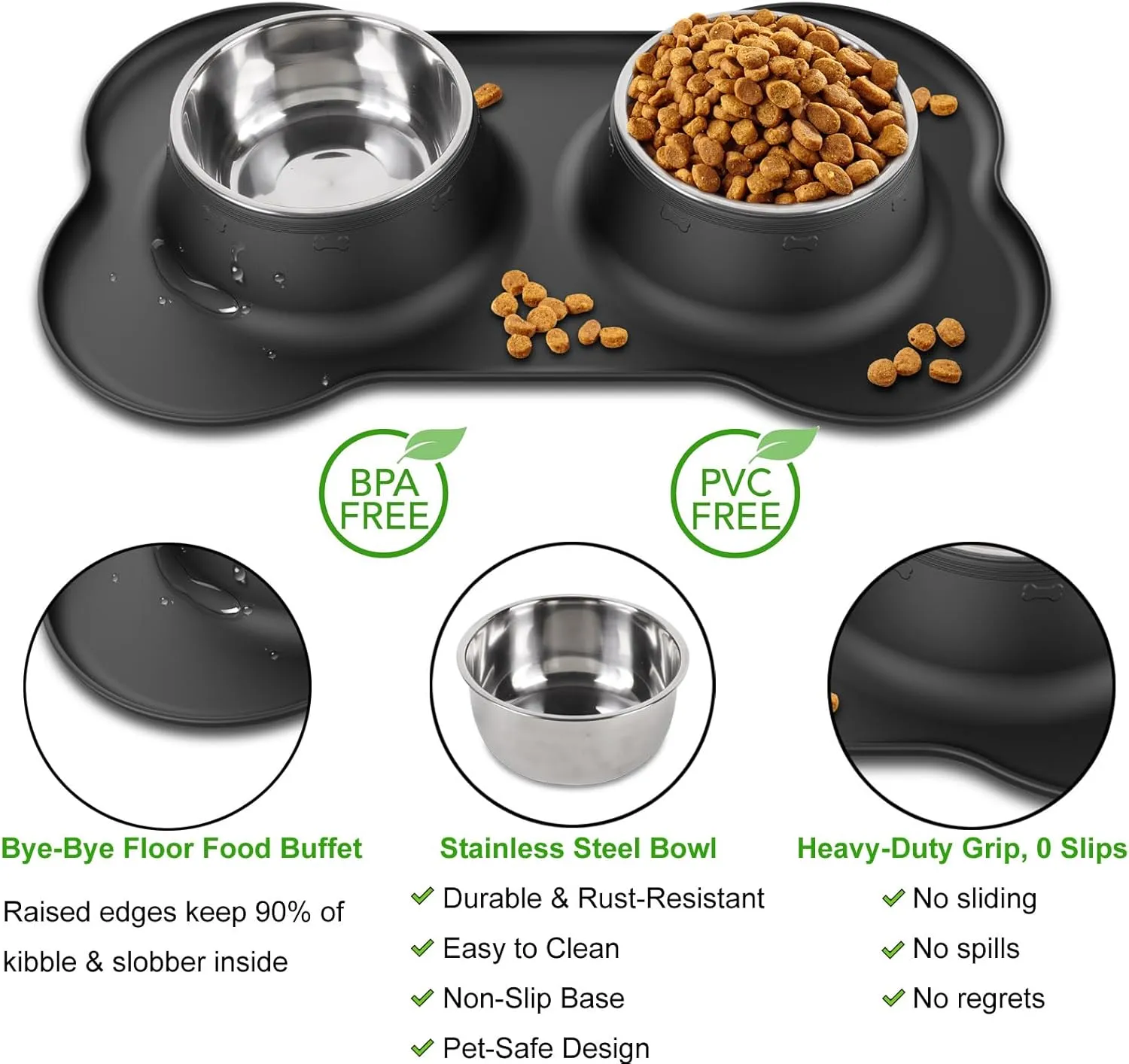 Tekcoo Dog Bowls, Puppy Food Bowls, Stainless Steel Pet Cat Water Feeding Dishes with Non-Spill Skid Resistant Silicone Mat for Small Medium Large Size Dogs [14 oz ea.]