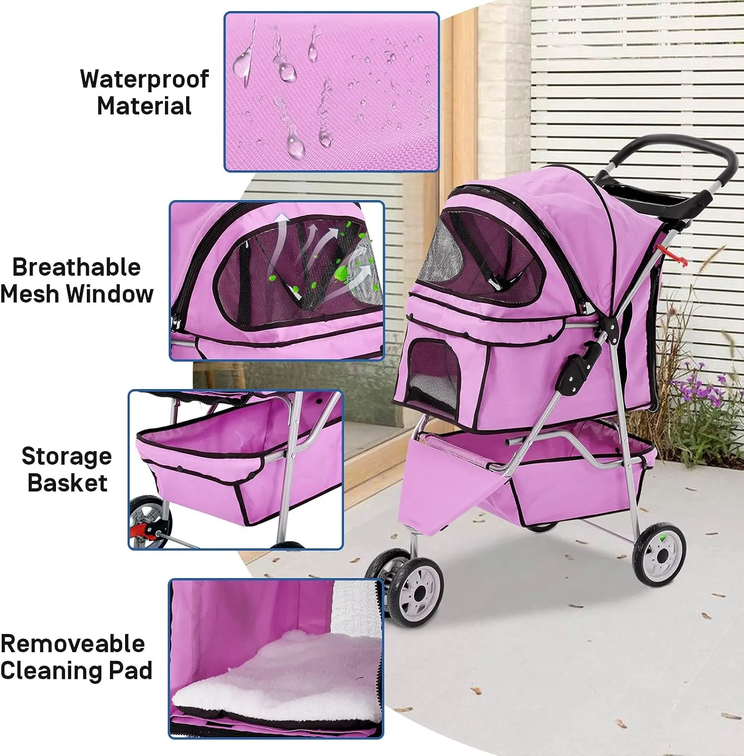 TTY Store Best 3 Wheels Pet Stroller for Dog Cat or Small Pet, Lightweight Foldable Pink
