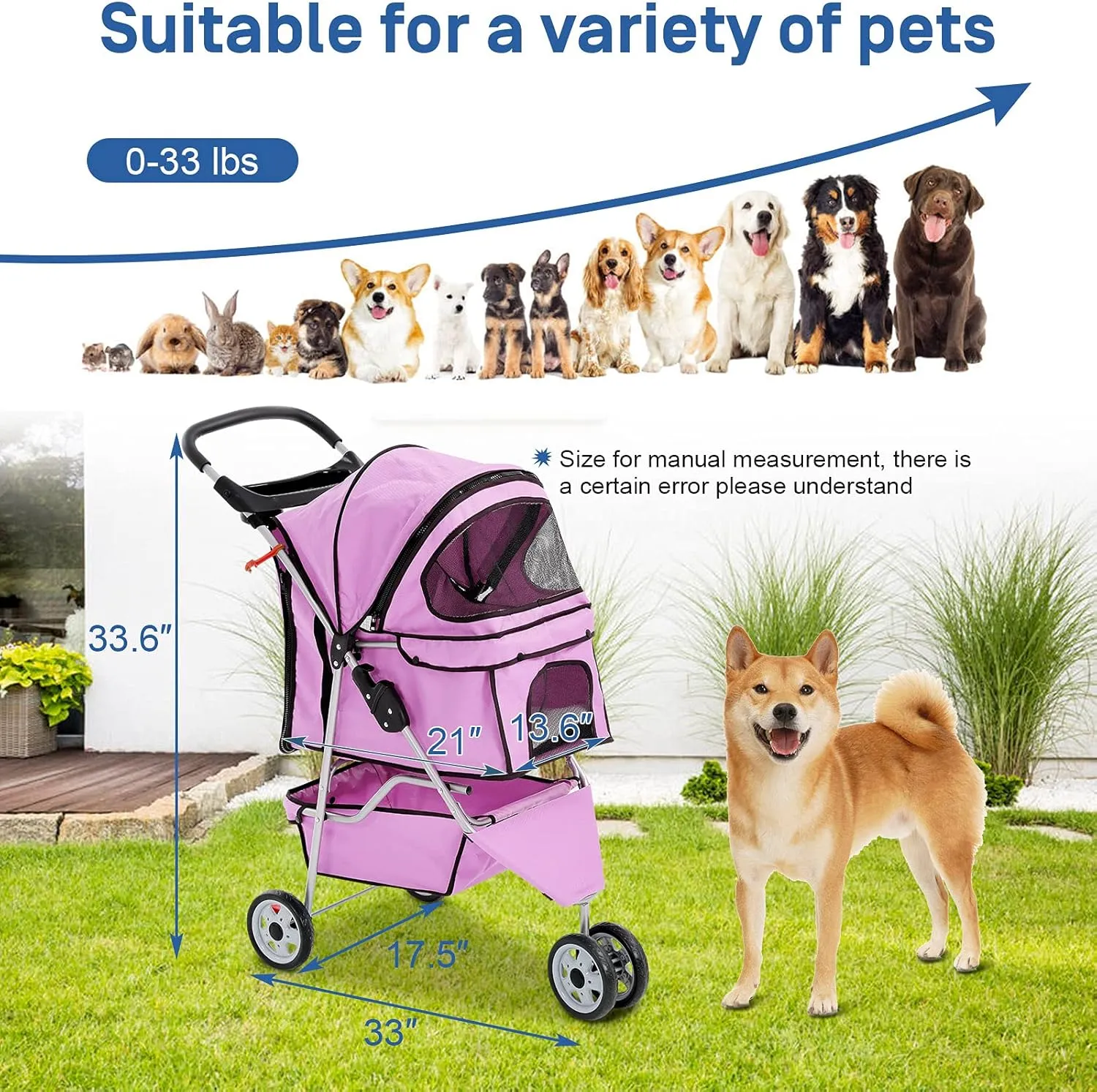 TTY Store Best 3 Wheels Pet Stroller for Dog Cat or Small Pet, Lightweight Foldable Pink