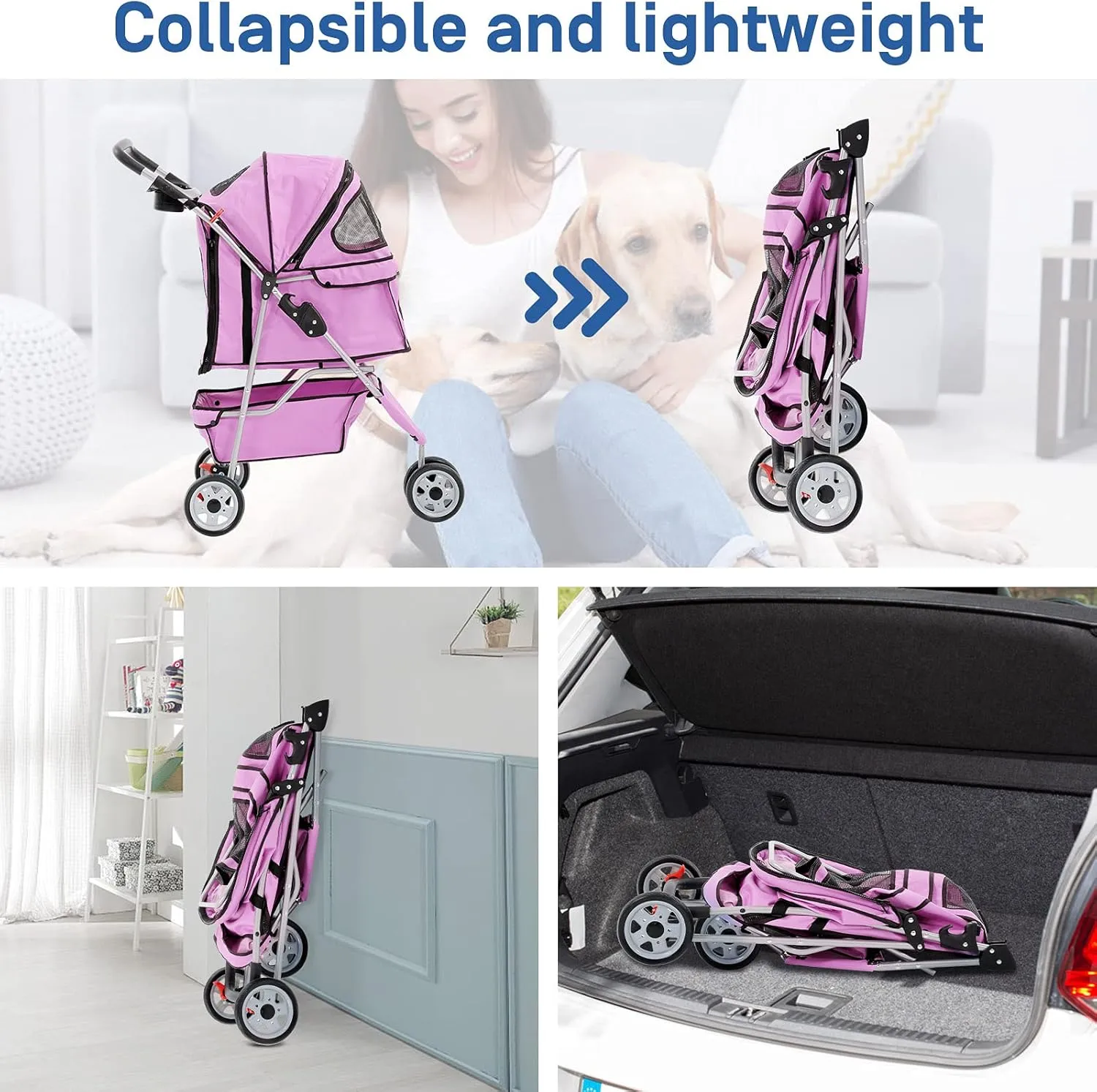 TTY Store Best 3 Wheels Pet Stroller for Dog Cat or Small Pet, Lightweight Foldable Pink
