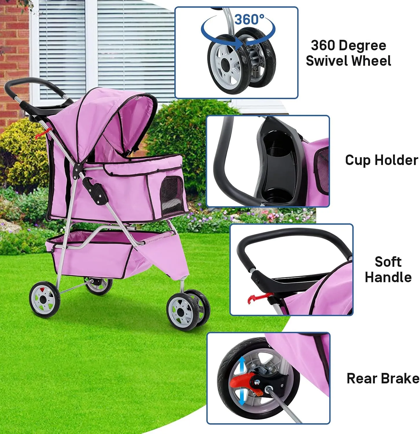 TTY Store Best 3 Wheels Pet Stroller for Dog Cat or Small Pet, Lightweight Foldable Pink