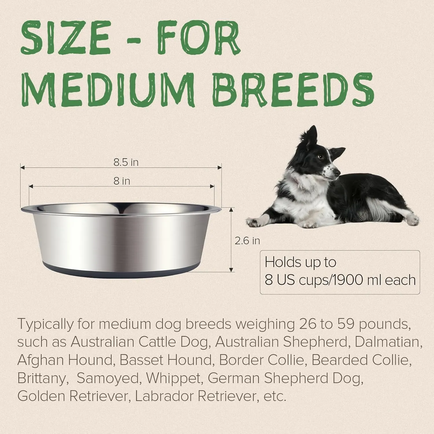URBUDDIES 2 Pack Stainless Steel Dog Bowls, Premium Metal Dog Bowls with Non Slip Rubber Bottom, Dishwasher Safe, Easy to Clean, 8 Cup, Gray Bottom