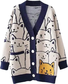 VDWIP Women Cardigan Sweater Cartoon V Neck Button Down Open Front Cat Print Knit Cardigan Vintage Sweater Outwear