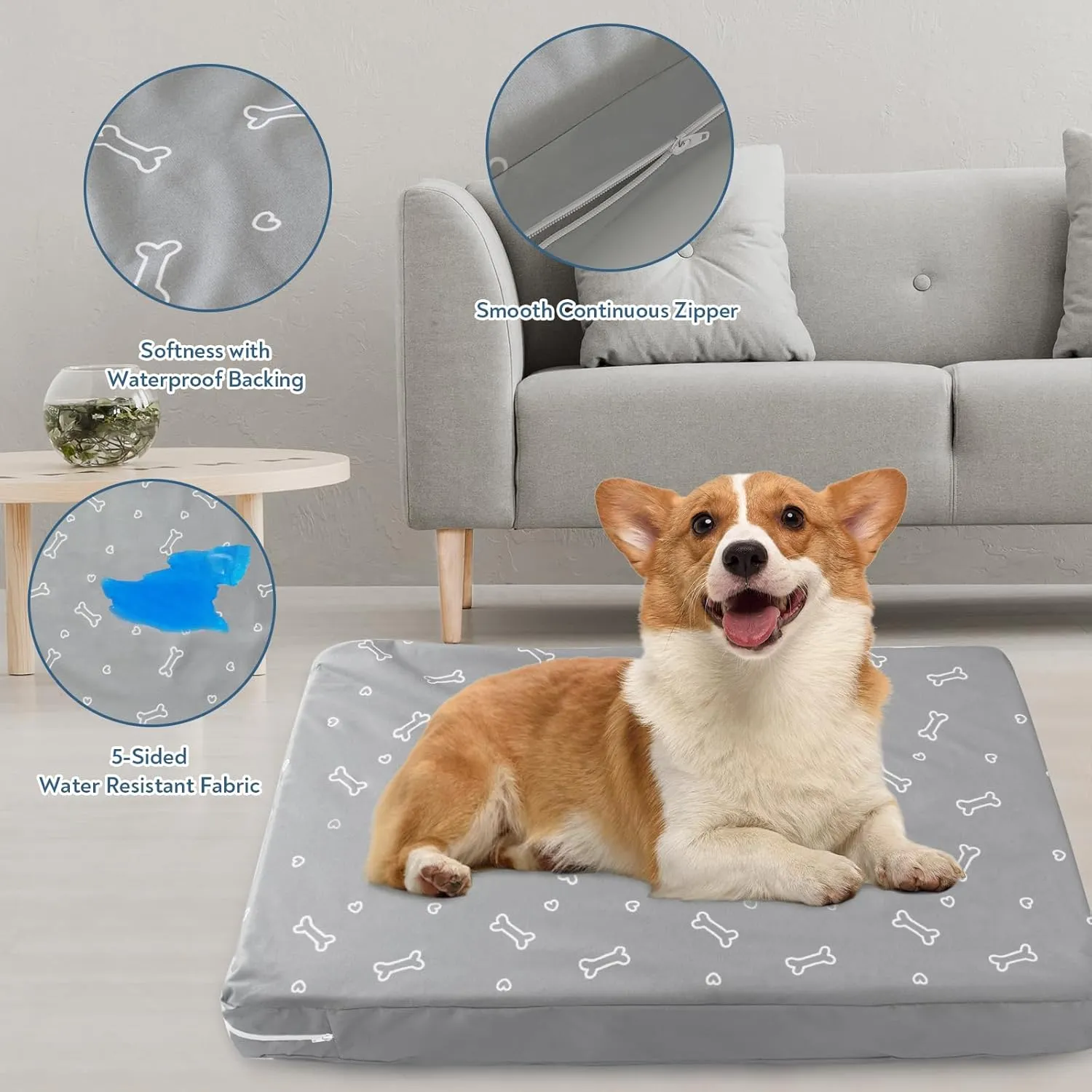 Waterproof Dog Bed Cover, Removable Dog Bed Covers Replacement Washable with Smooth Zipper, Indoor/Outdoor Dog Bed Washable Cover, Bone Print Pet Bed Cover for Dog/Cat, 22 x 35 x 3 Inch, Cover Only