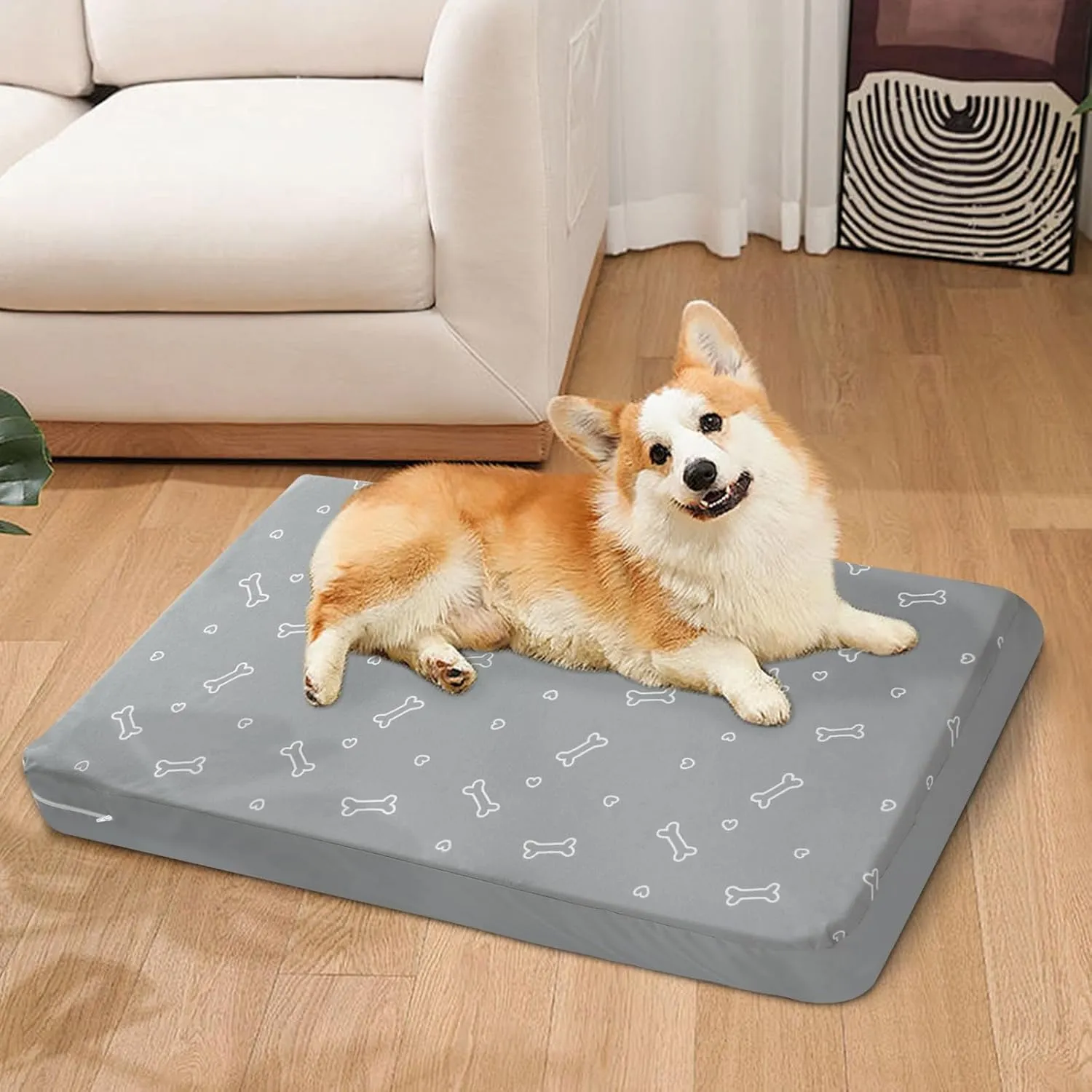 Waterproof Dog Bed Cover, Removable Dog Bed Covers Replacement Washable with Smooth Zipper, Indoor/Outdoor Dog Bed Washable Cover, Bone Print Pet Bed Cover for Dog/Cat, 22 x 35 x 3 Inch, Cover Only