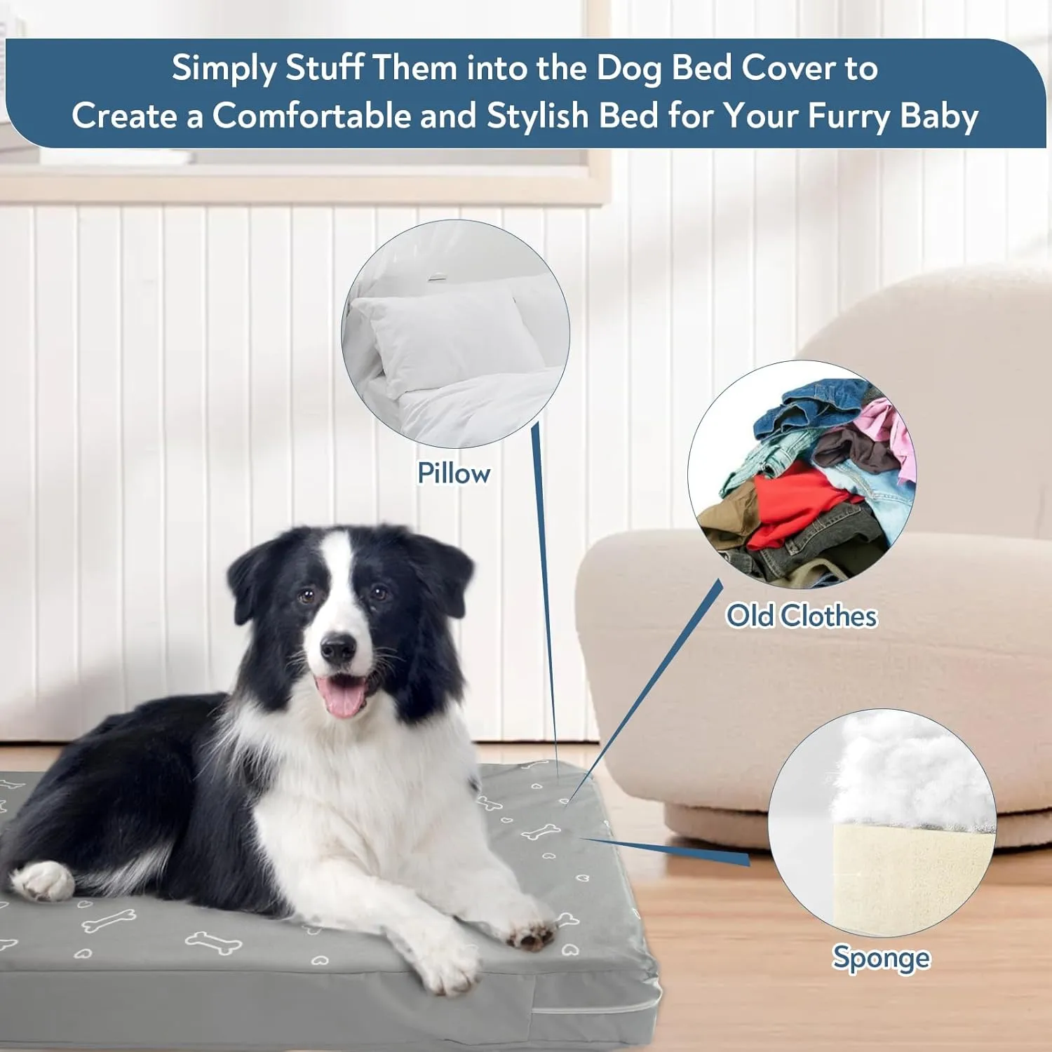 Waterproof Dog Bed Cover, Removable Dog Bed Covers Replacement Washable with Smooth Zipper, Indoor/Outdoor Dog Bed Washable Cover, Bone Print Pet Bed Cover for Dog/Cat, 22 x 35 x 3 Inch, Cover Only