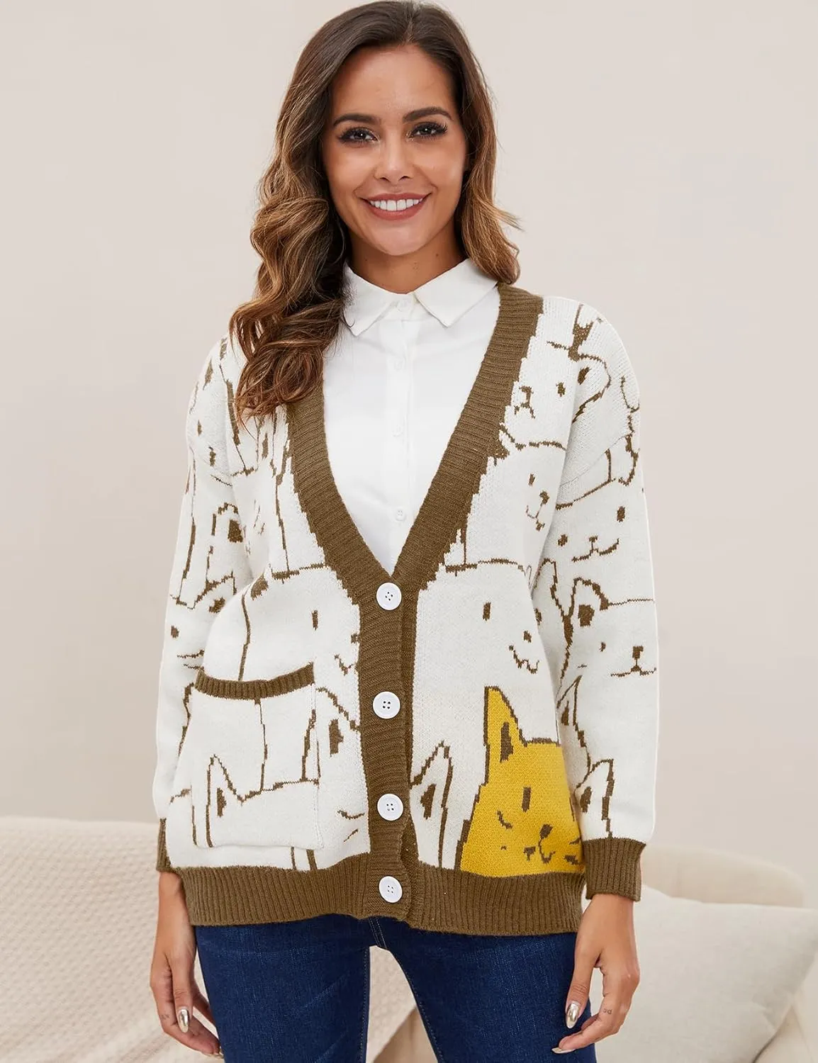 Women's Cat Sweater Cardigan Oversized Kawaii Cartoon Button Down Open Front Cat Print Knit Vintage Cardigan Sweater